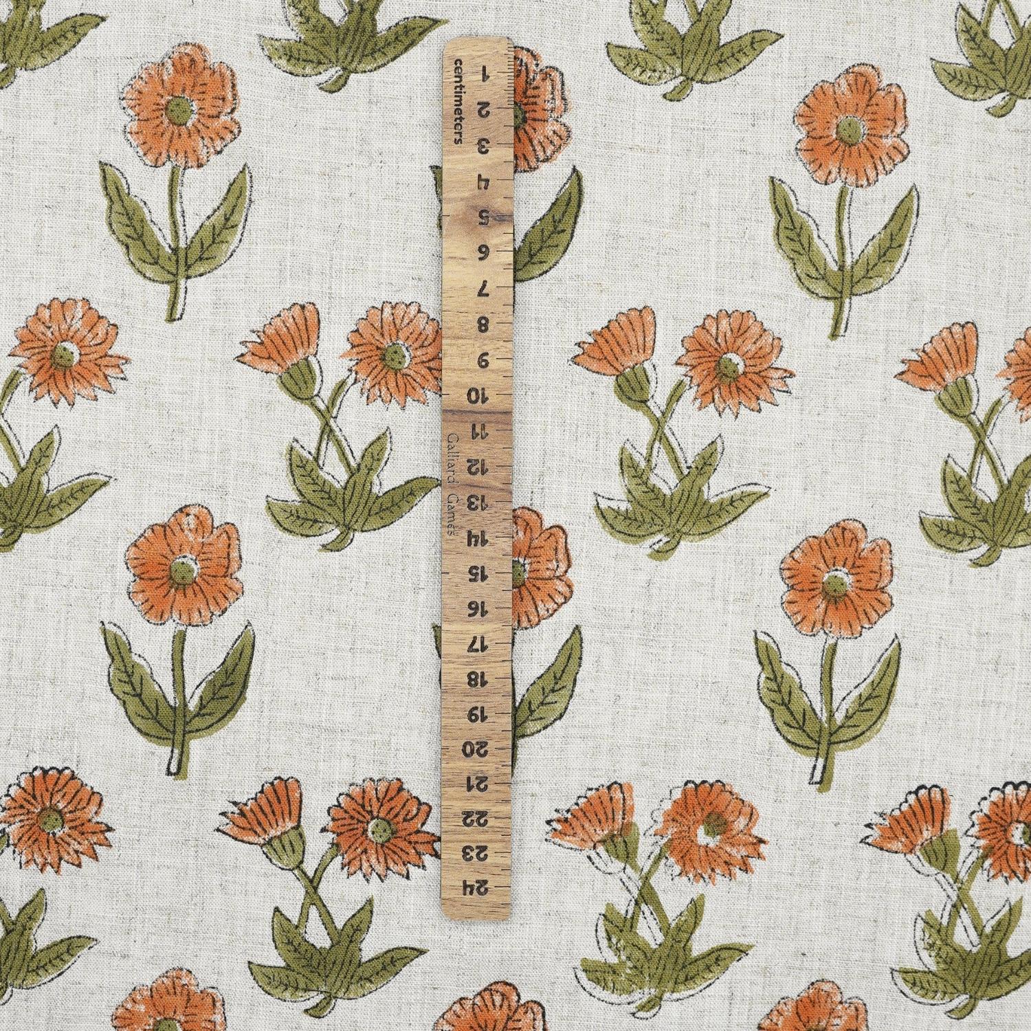 HAND BLOCK PRINTED VISCOSE LINEN FABRIC ORANGE & GREEN FLORAL DESIGN - KIRTI