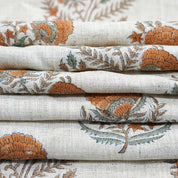 HAND BLOCK PRINT NATURAL LINEN FABRIC HANDCRAFTED ORANGE FLORAL PRINT - MOHINI