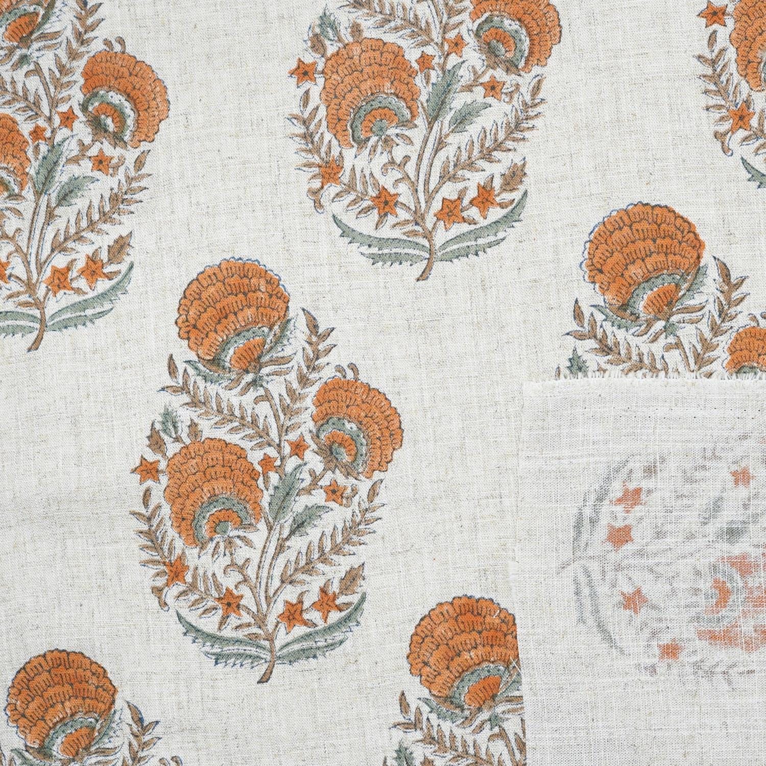 HAND BLOCK PRINT NATURAL LINEN FABRIC HANDCRAFTED ORANGE FLORAL PRINT - MOHINI