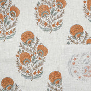 HAND BLOCK PRINT NATURAL LINEN FABRIC HANDCRAFTED ORANGE FLORAL PRINT - MOHINI