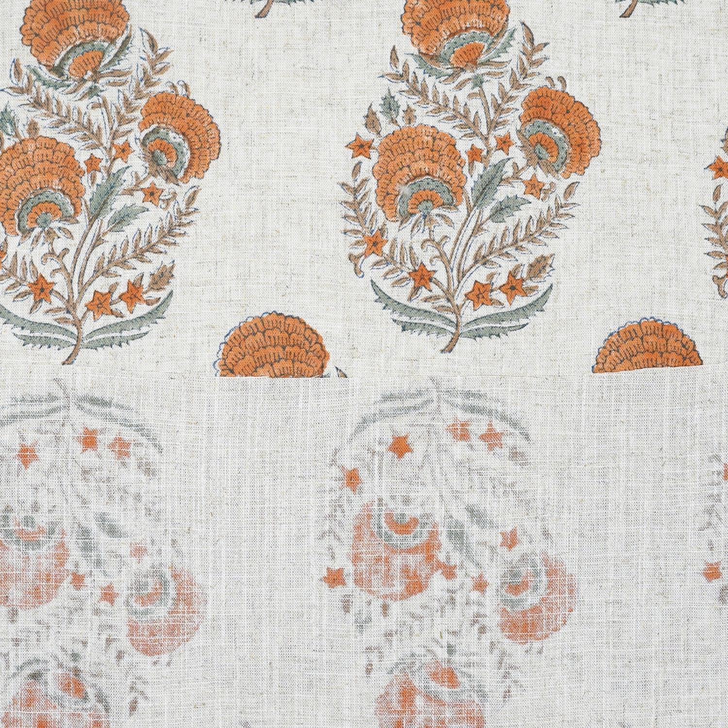HAND BLOCK PRINT NATURAL LINEN FABRIC HANDCRAFTED ORANGE FLORAL PRINT - MOHINI