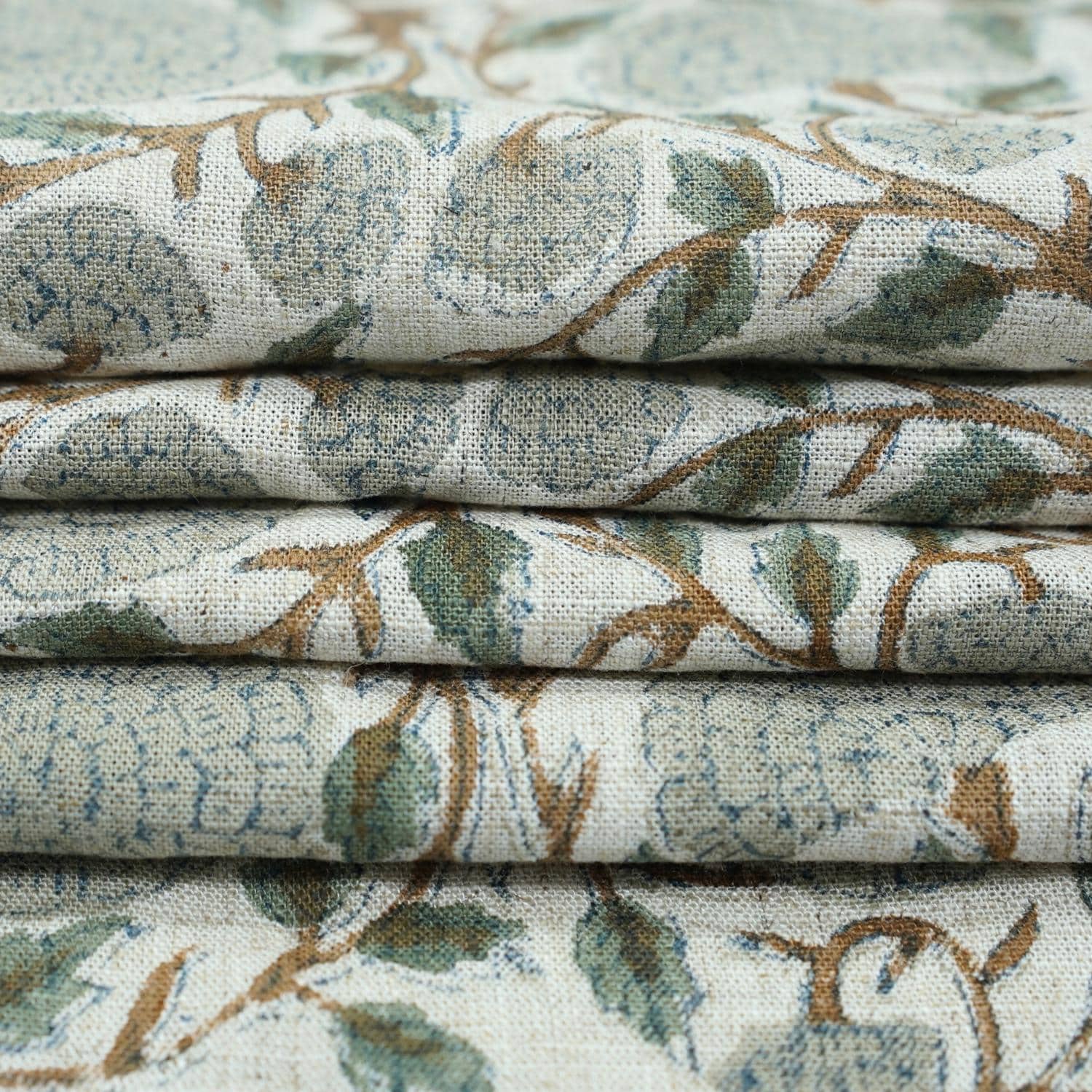HAND BLOCK PRINTED VISCOSE LINEN UPHOLSTERY GRAY AND BROWN FLORAL FABRIC  - KARWACHAUTH