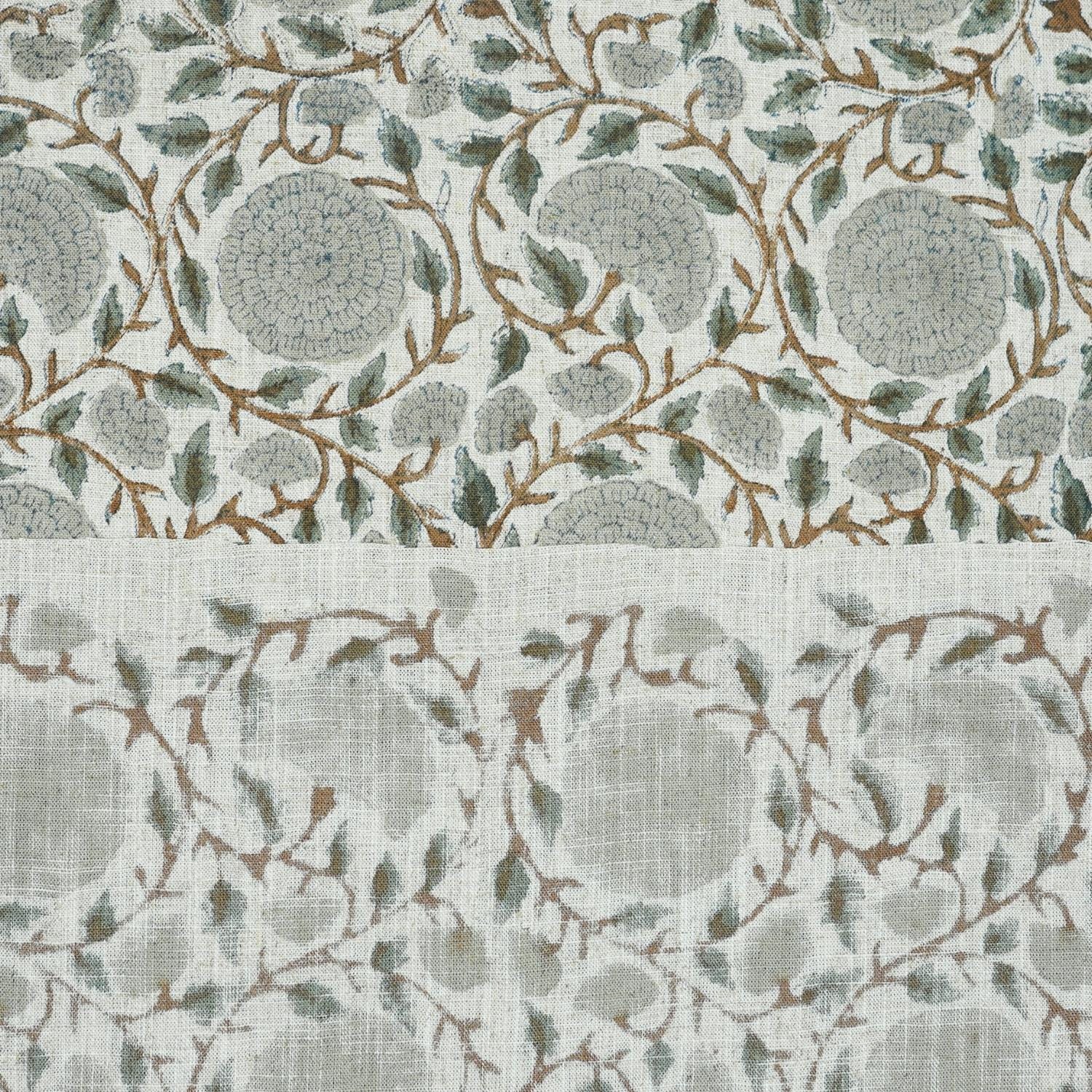 HAND BLOCK PRINTED VISCOSE LINEN UPHOLSTERY GRAY AND BROWN FLORAL FABRIC  - KARWACHAUTH