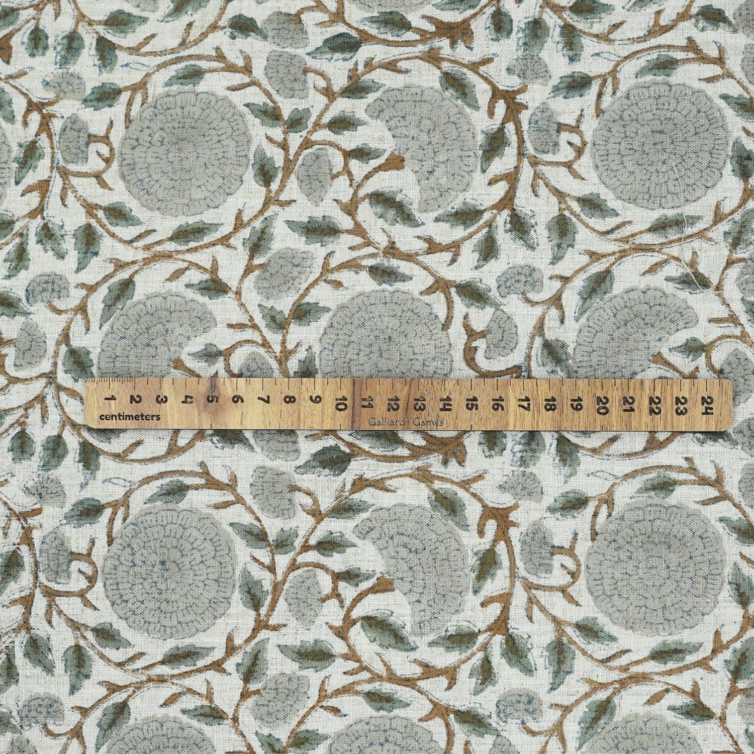 HAND BLOCK PRINTED VISCOSE LINEN UPHOLSTERY GRAY AND BROWN FLORAL FABRIC  - KARWACHAUTH