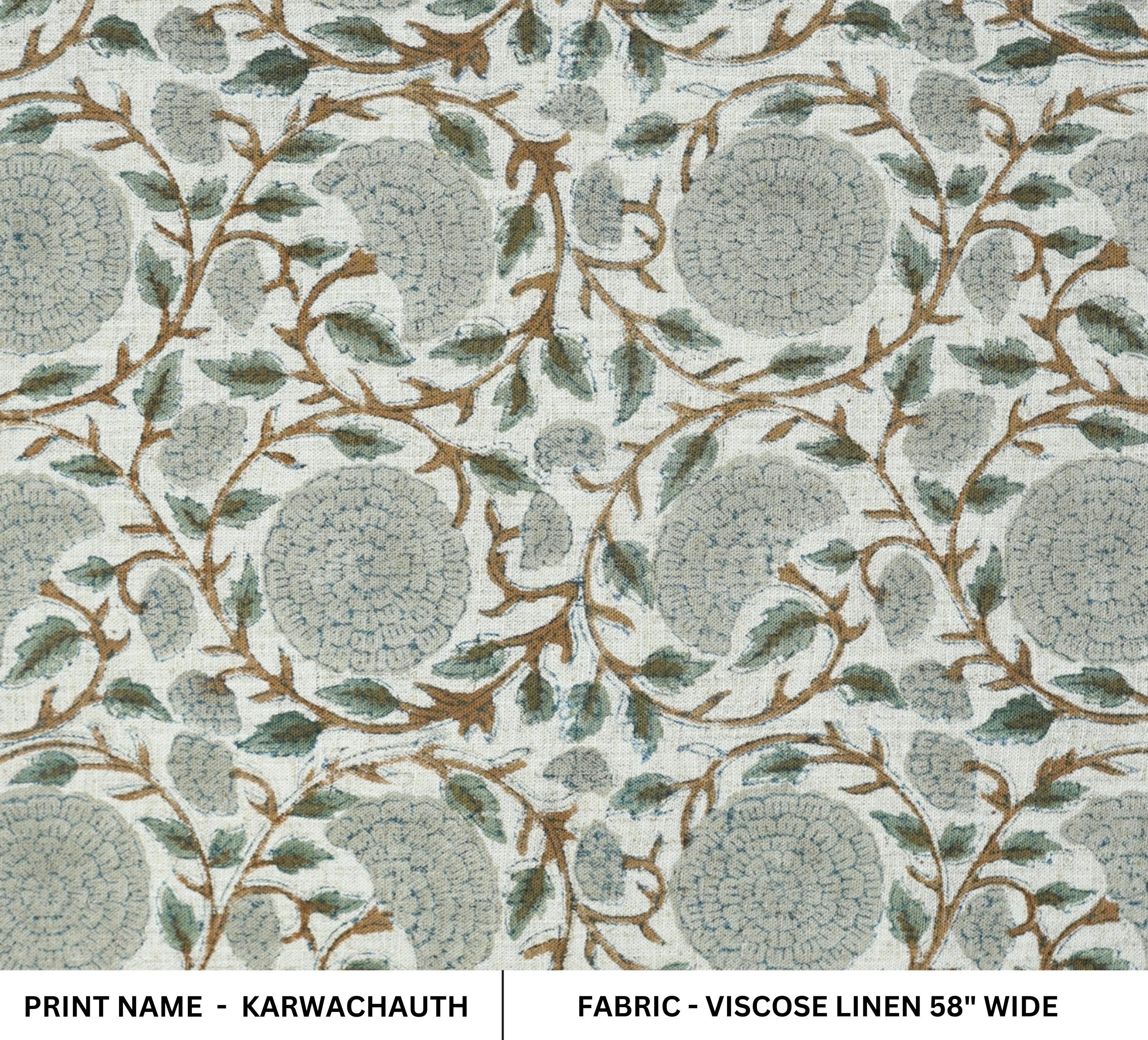 HAND BLOCK PRINTED VISCOSE LINEN UPHOLSTERY GRAY AND BROWN FLORAL FABRIC  - KARWACHAUTH