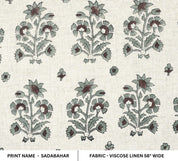 HAND BLOCK PRINTED FLORAL GRAY AND BROWN NATURAL VISCOSE LINEN FABRIC - SADABAHAR