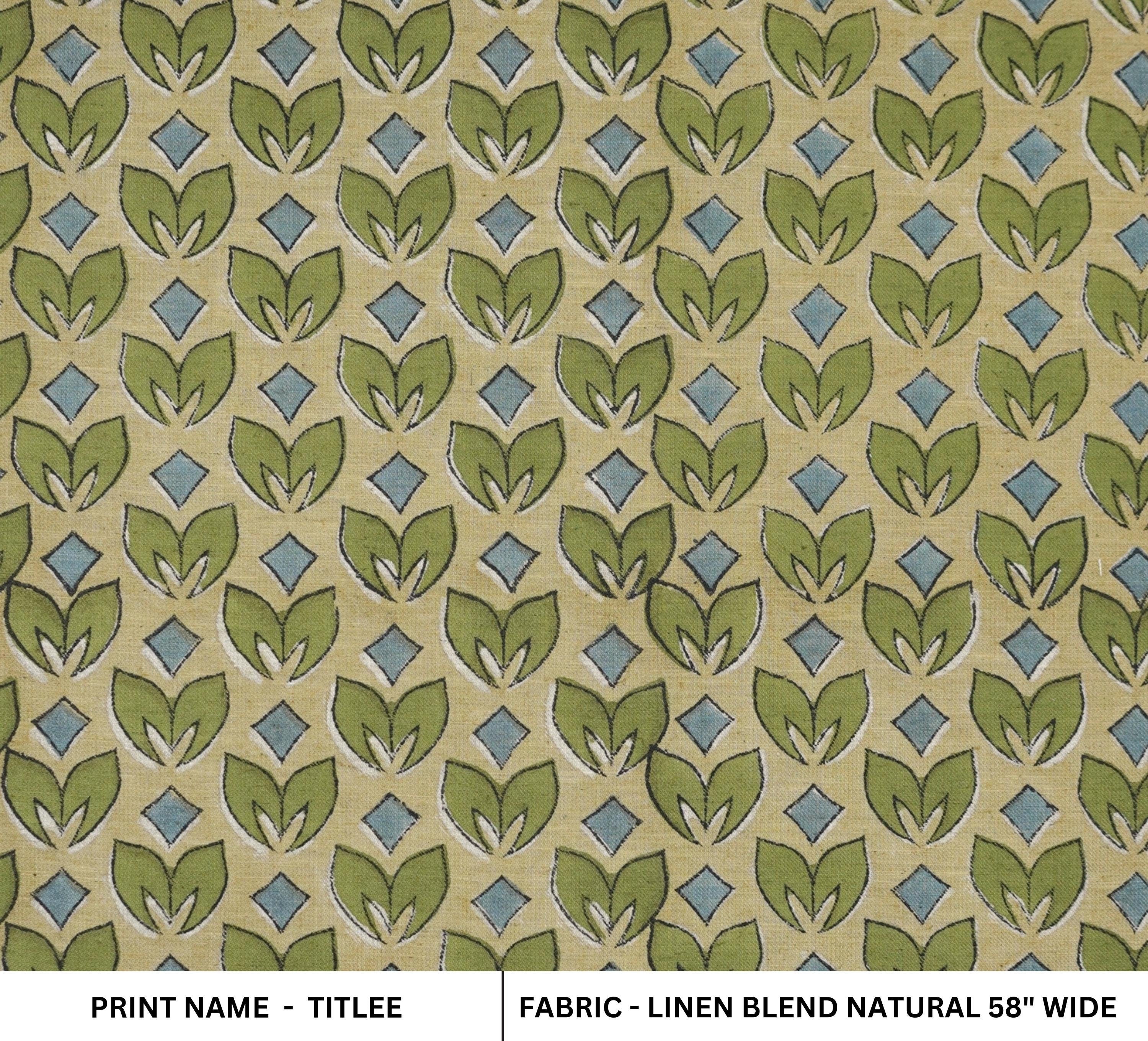 LINEN BLEND HAND BLOCK PRINTED FABRIC – TITLEE GREEN FLORAL IN GRAY & GREEN FOR FARMHOUSE DECOR