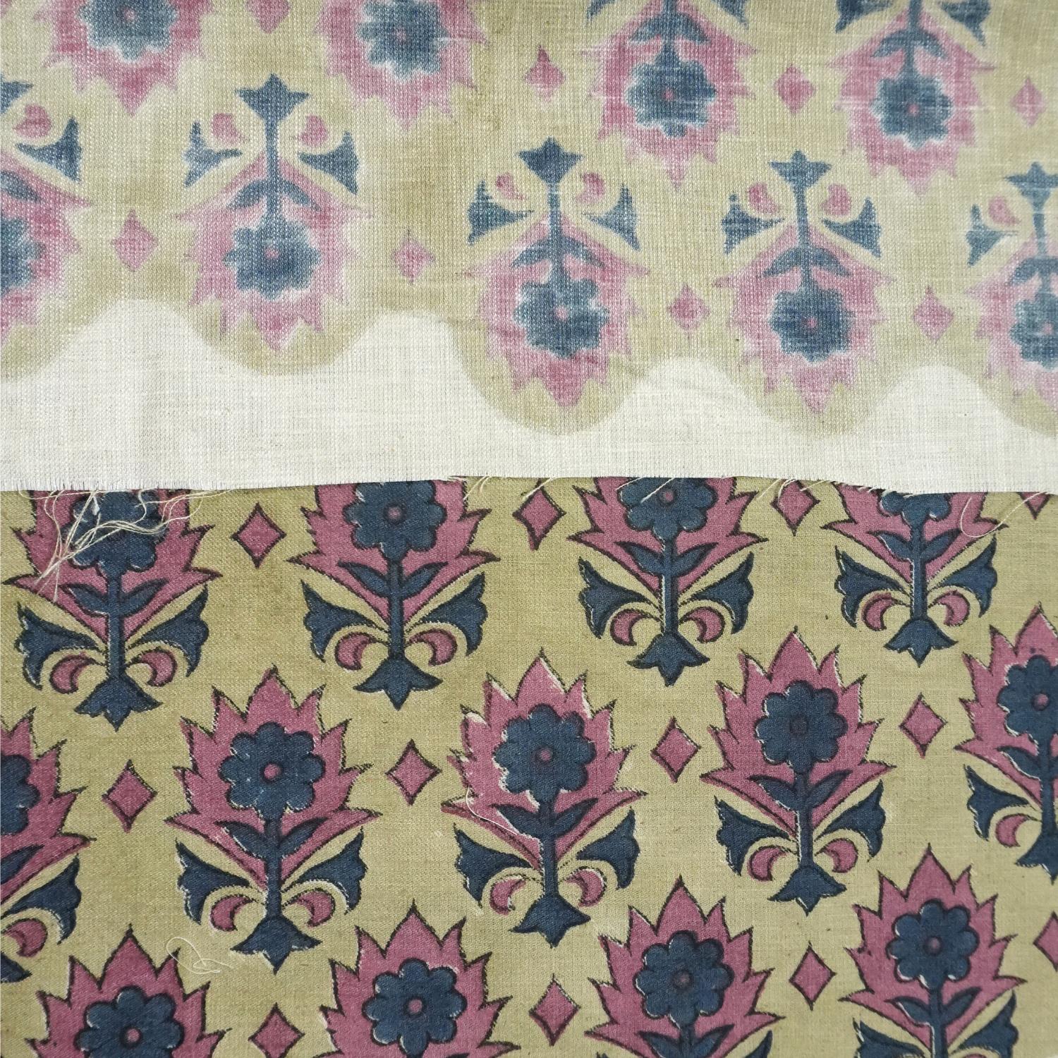 Handblock Printed Pure Linen Fabric with Pink & Blue Floral Elegance Kusum Bloom