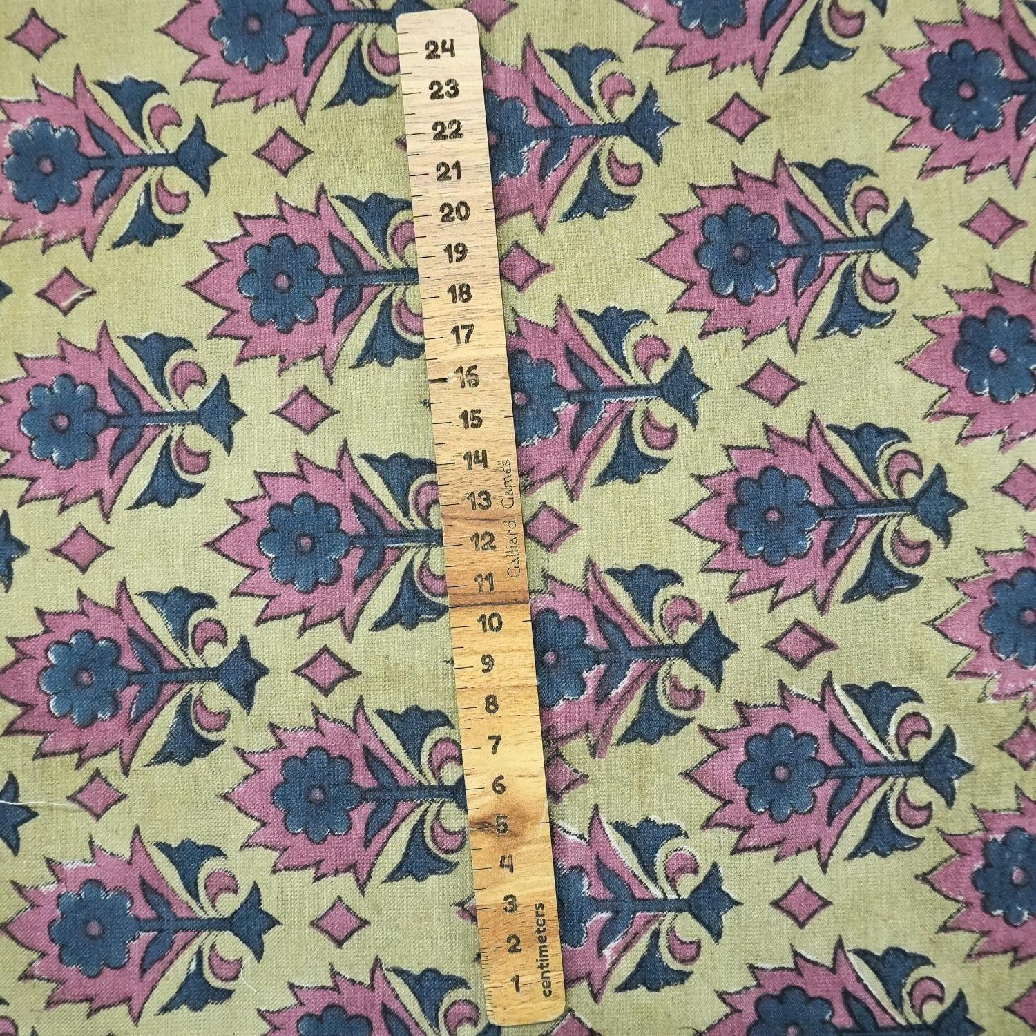 Handblock Printed Pure Linen Fabric with Pink & Blue Floral Elegance Kusum Bloom