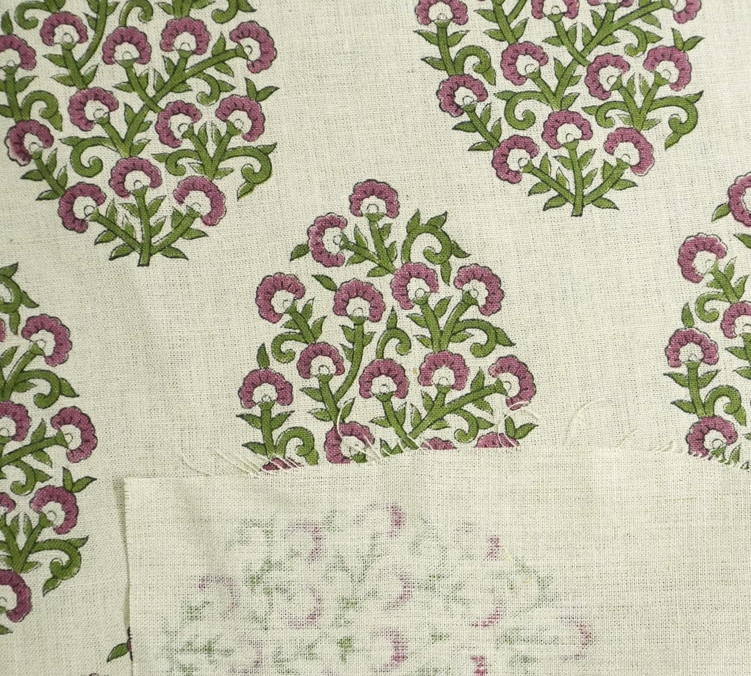 Handmade Pink & Green Floral Printed on Pure Linen Fabric - Gudhal Bloom