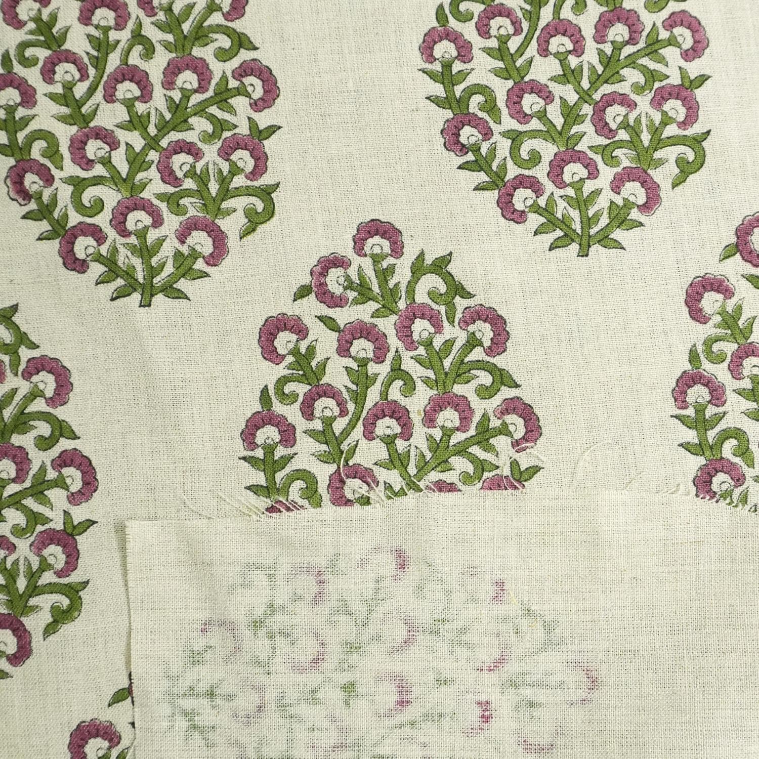 Handmade Pink & Green Floral Printed on Pure Linen Fabric - Gudhal Bloom