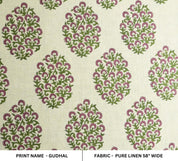 Handmade Pink & Green Floral Printed on Pure Linen Fabric - Gudhal Bloom
