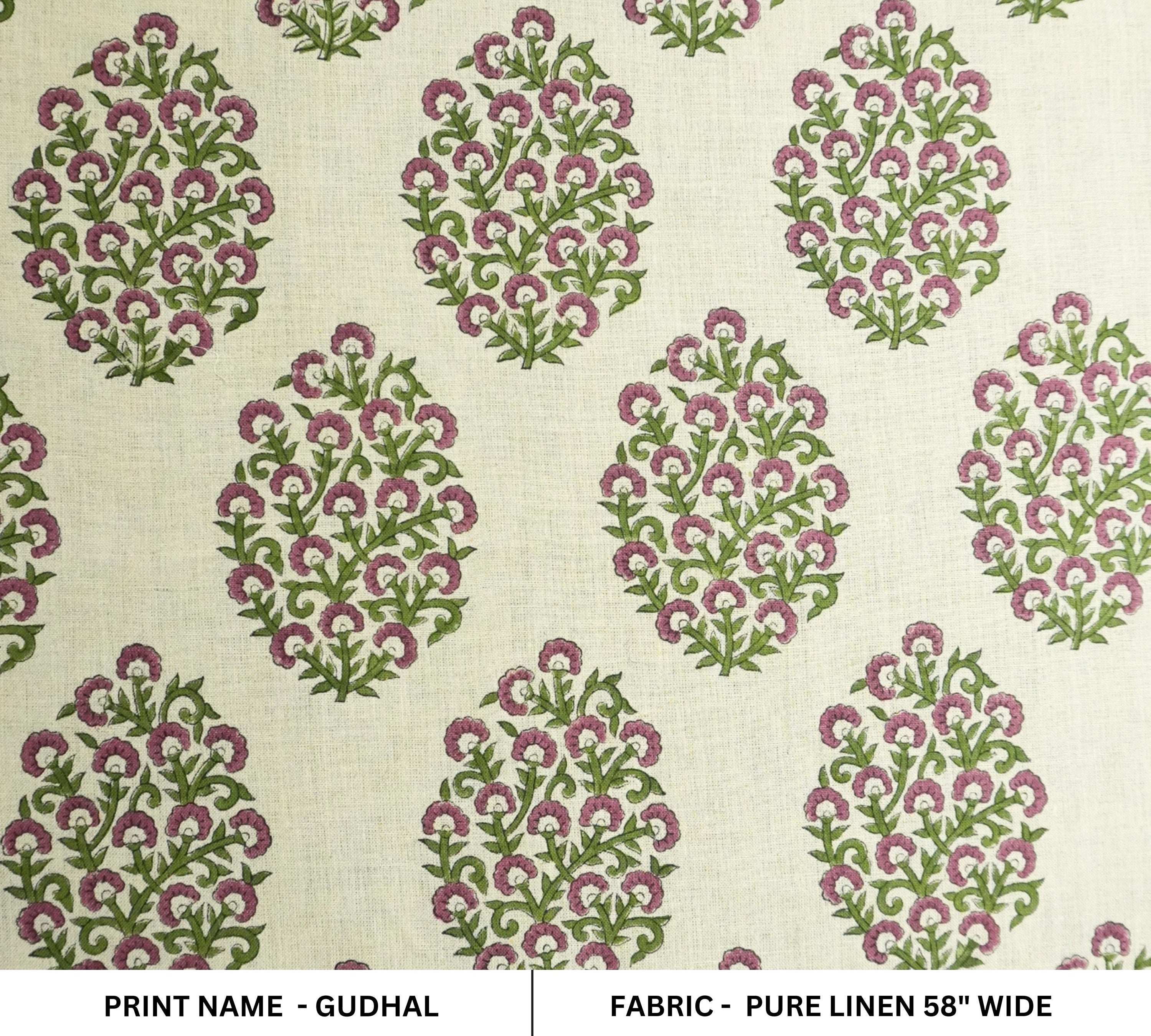Handmade Pink & Green Floral Printed on Pure Linen Fabric - Gudhal Bloom