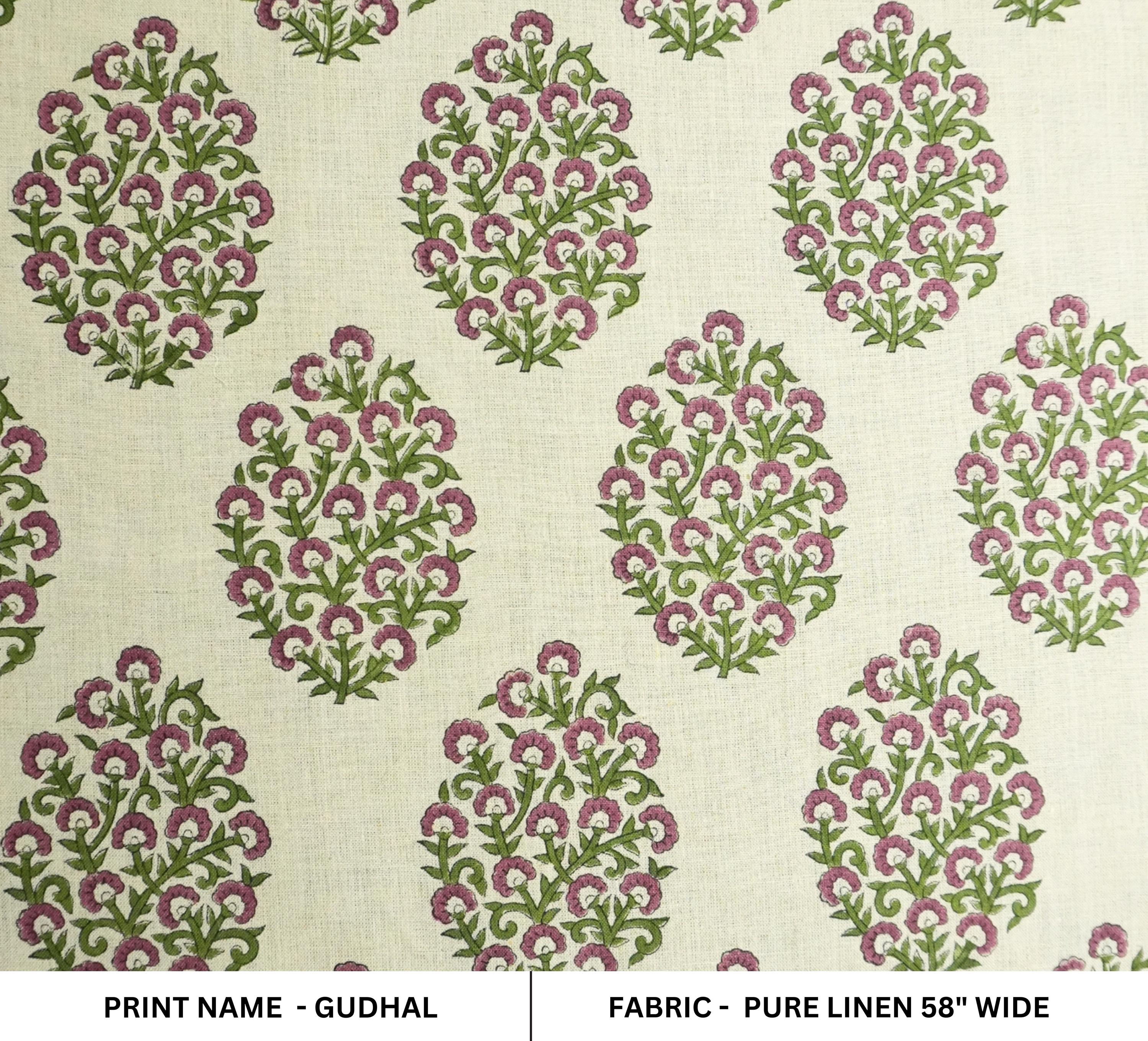 Handmade Pink & Green Floral Printed on Pure Linen Fabric - Gudhal Bloom