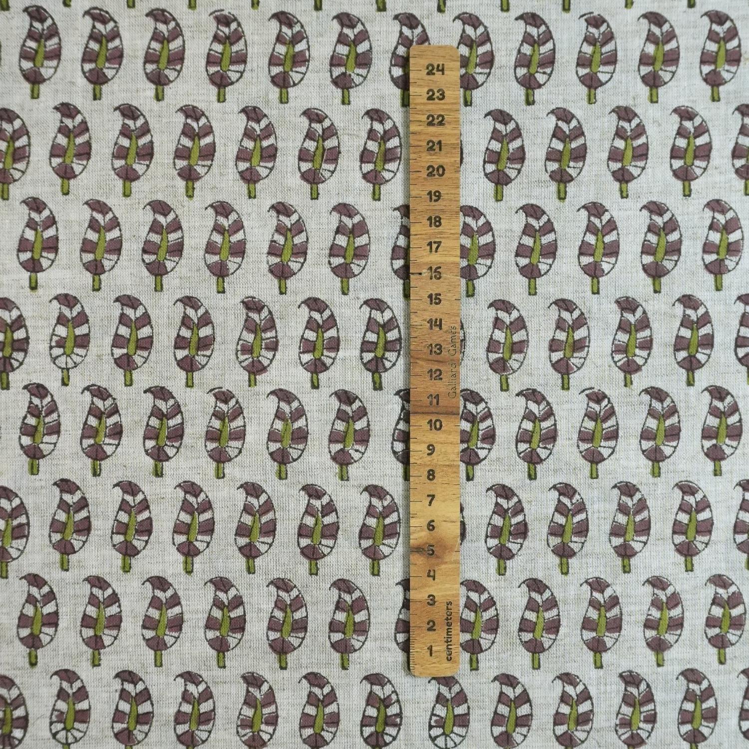 GREEN AND GRAY FLORAL BLOCK PRINTED VISCOSE LINEN FABRIC FOR CUSHION - LIL PAISLEY