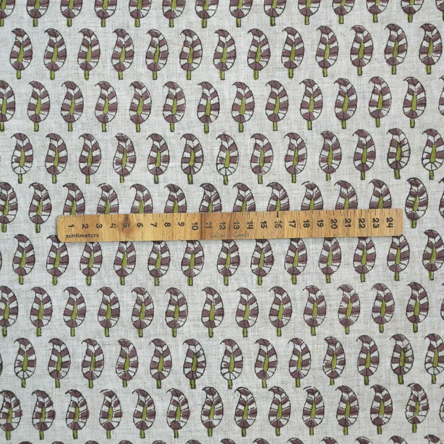 GREEN AND GRAY FLORAL BLOCK PRINTED VISCOSE LINEN FABRIC FOR CUSHION - LIL PAISLEY