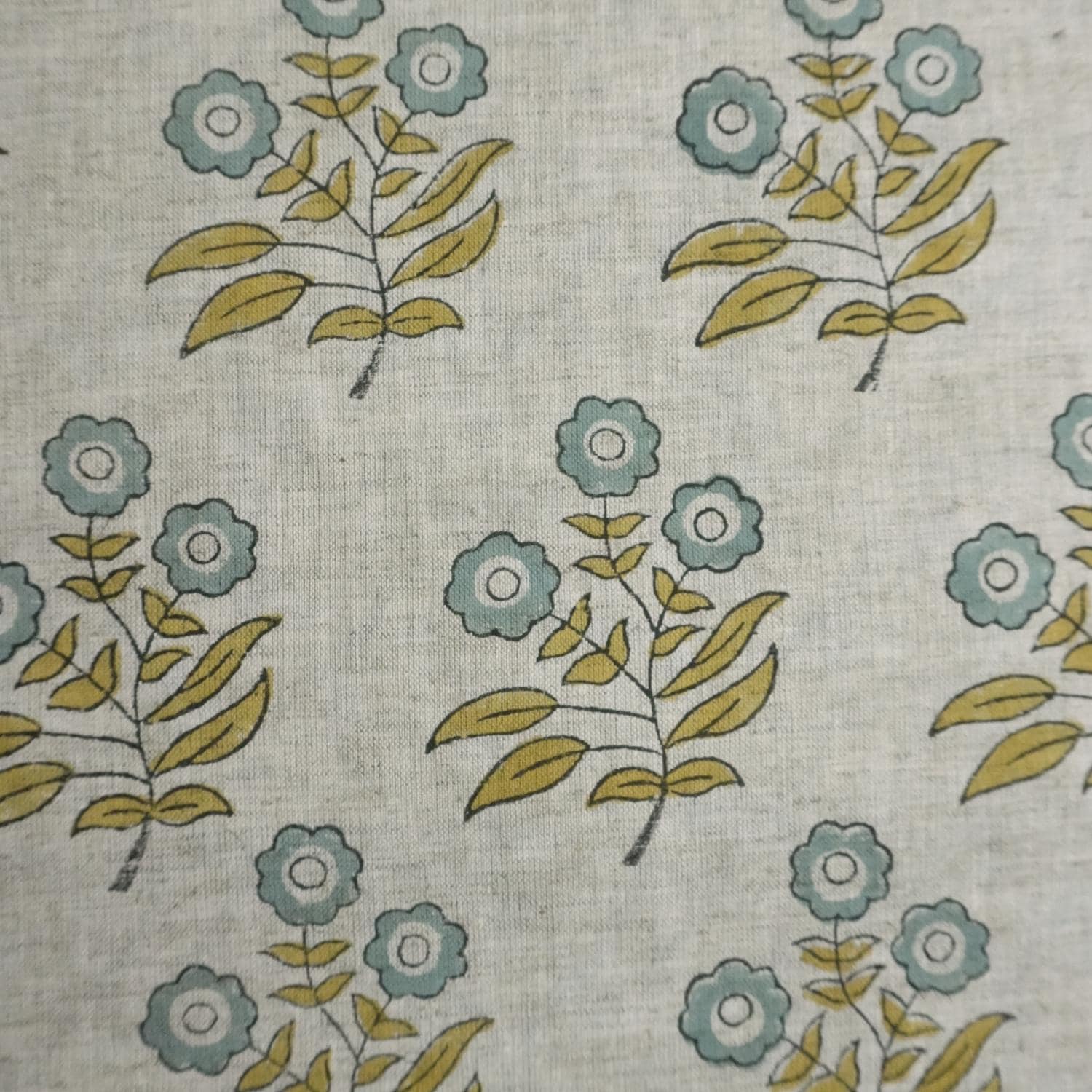 Hand Block Printed Viscose Linen Handmade Green & Gray Floral Bohemian Drapery Fabric - Neha