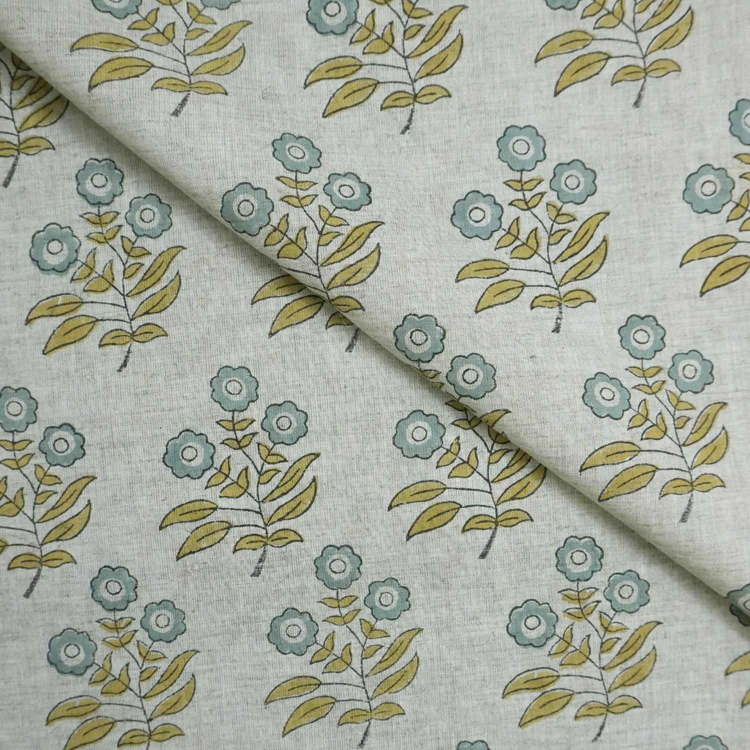 Hand Block Printed Viscose Linen Handmade Green & Gray Floral Bohemian Drapery Fabric - Neha