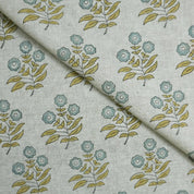 Hand Block Printed Viscose Linen Handmade Green & Gray Floral Bohemian Drapery Fabric - Neha