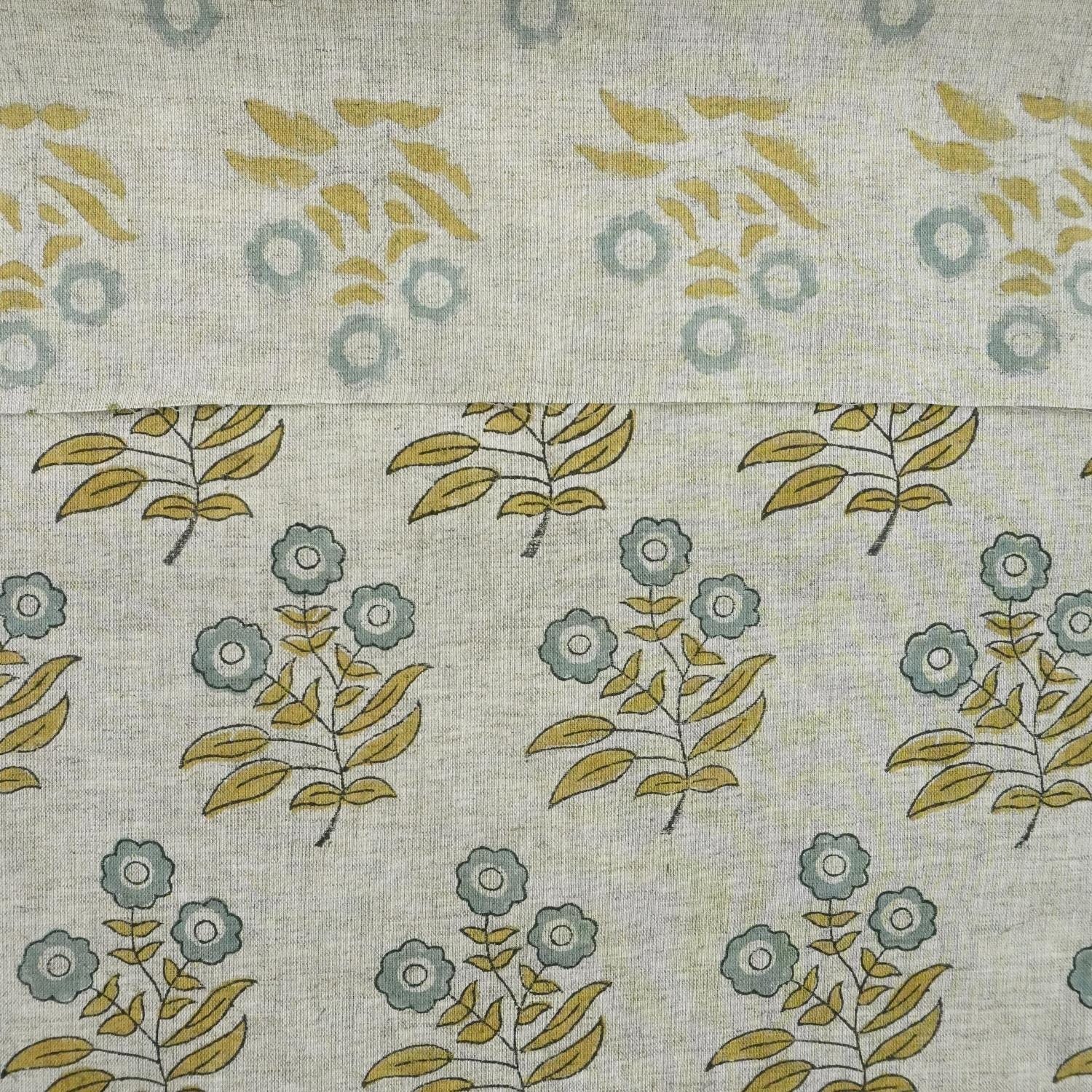 Hand Block Printed Viscose Linen Handmade Green & Gray Floral Bohemian Drapery Fabric - Neha
