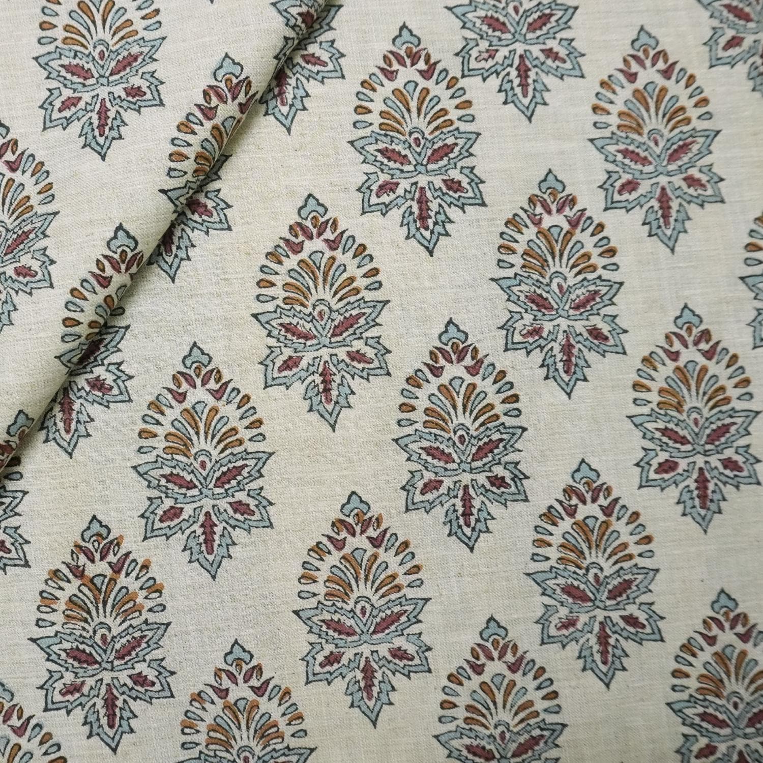 HANDMADE BLOCK PRINTED FLORAL LINEN BLEND NATURALFABRIC FOR CURTAIN AND UPHOLSTERY BOHO DECOR - SAMRAAT