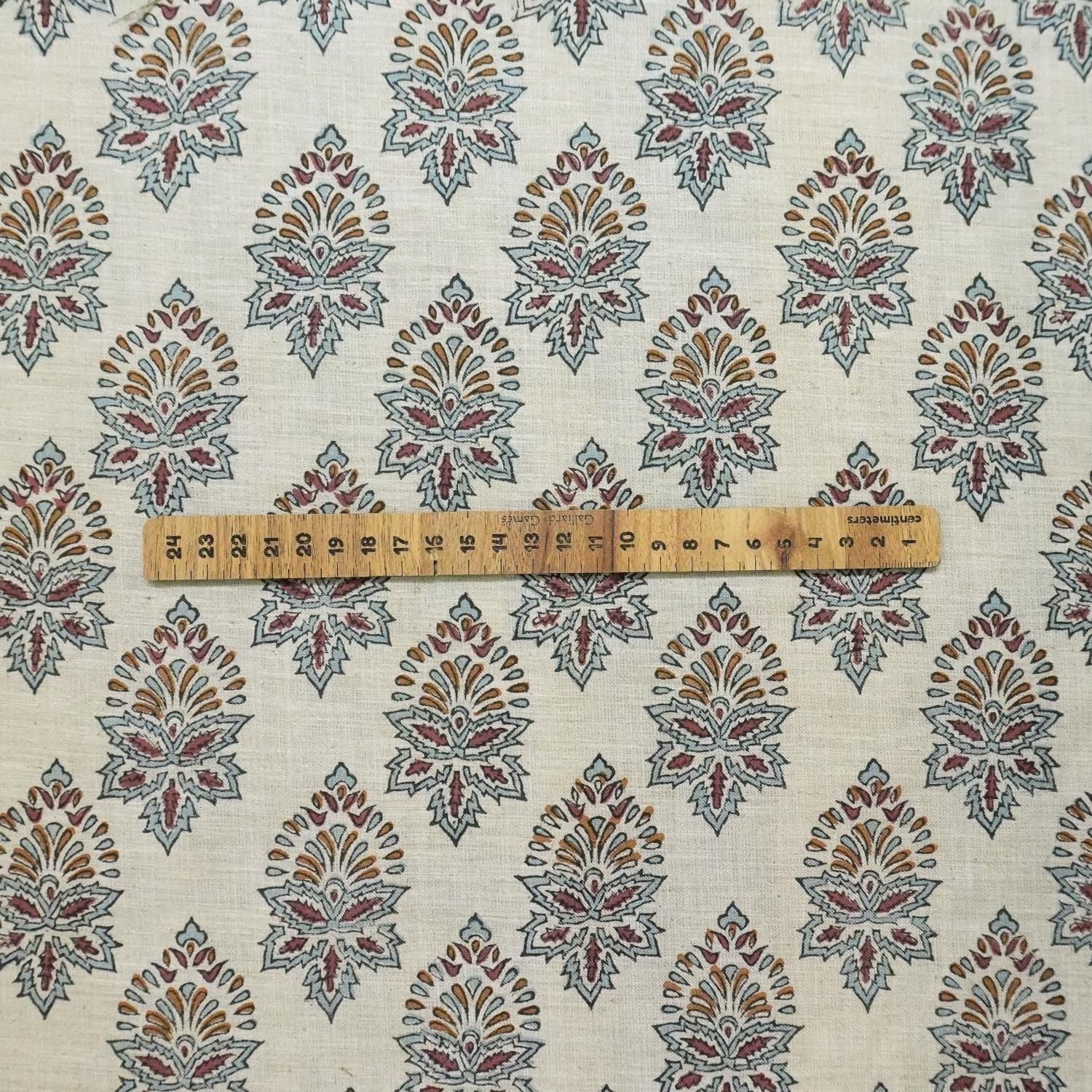 HANDMADE BLOCK PRINTED FLORAL LINEN BLEND NATURALFABRIC FOR CURTAIN AND UPHOLSTERY BOHO DECOR - SAMRAAT