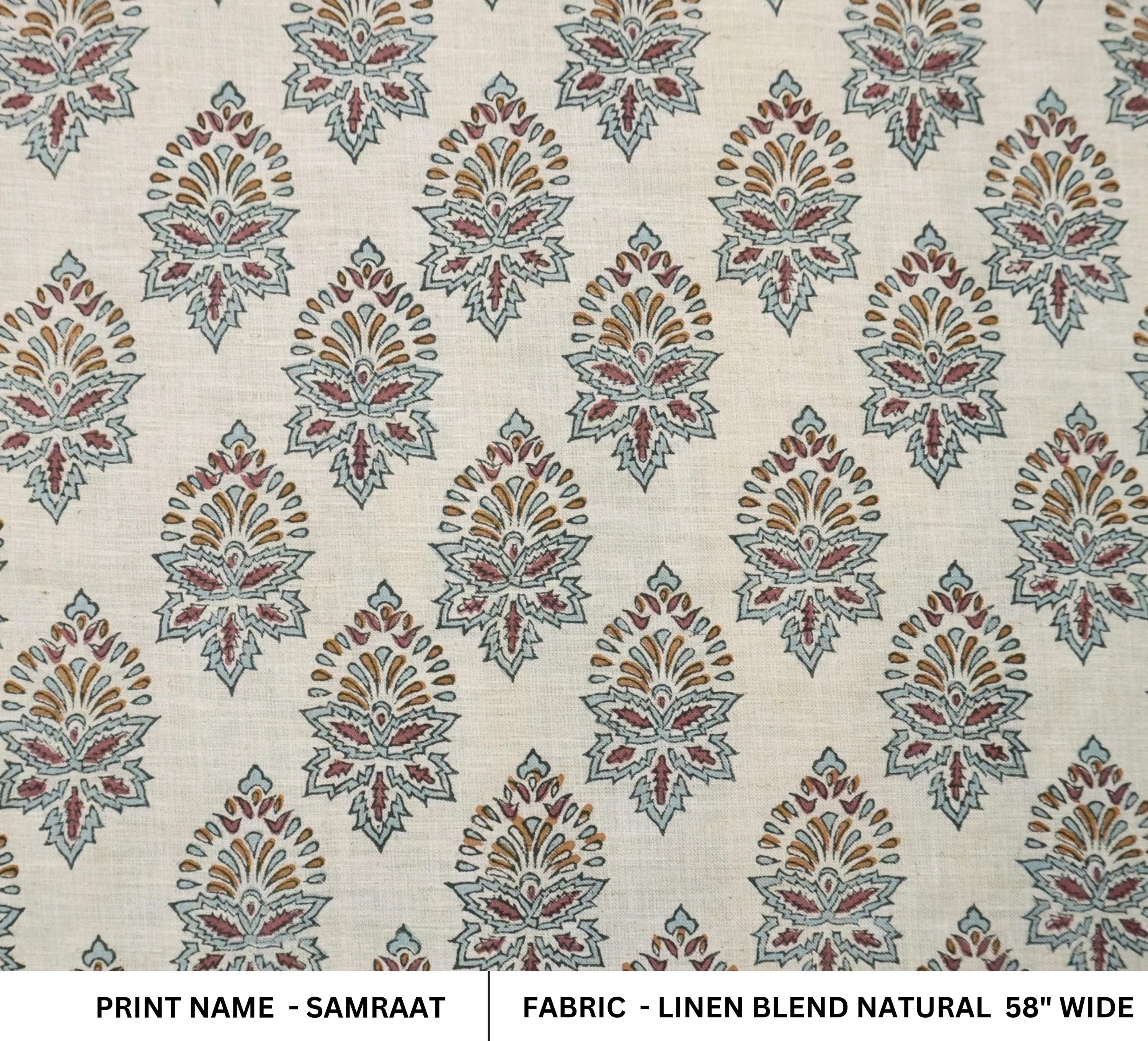 HANDMADE BLOCK PRINTED FLORAL LINEN BLEND NATURALFABRIC FOR CURTAIN AND UPHOLSTERY BOHO DECOR - SAMRAAT
