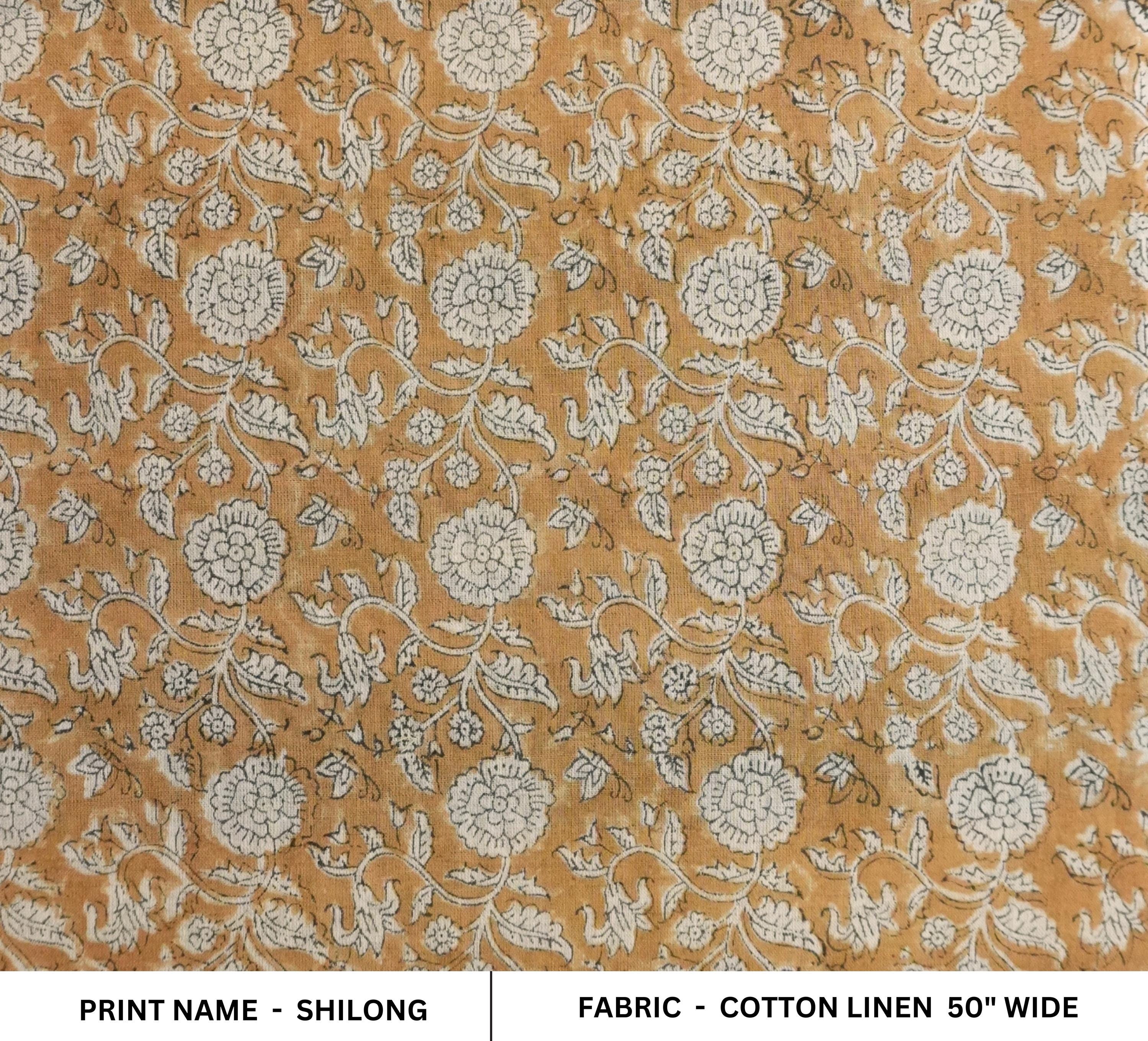 HANDMADE BLOCK PRINTED COTTON LINEN MUSTARD FLORAL PILLOW AND CUSHION FABRIC - SHILONG