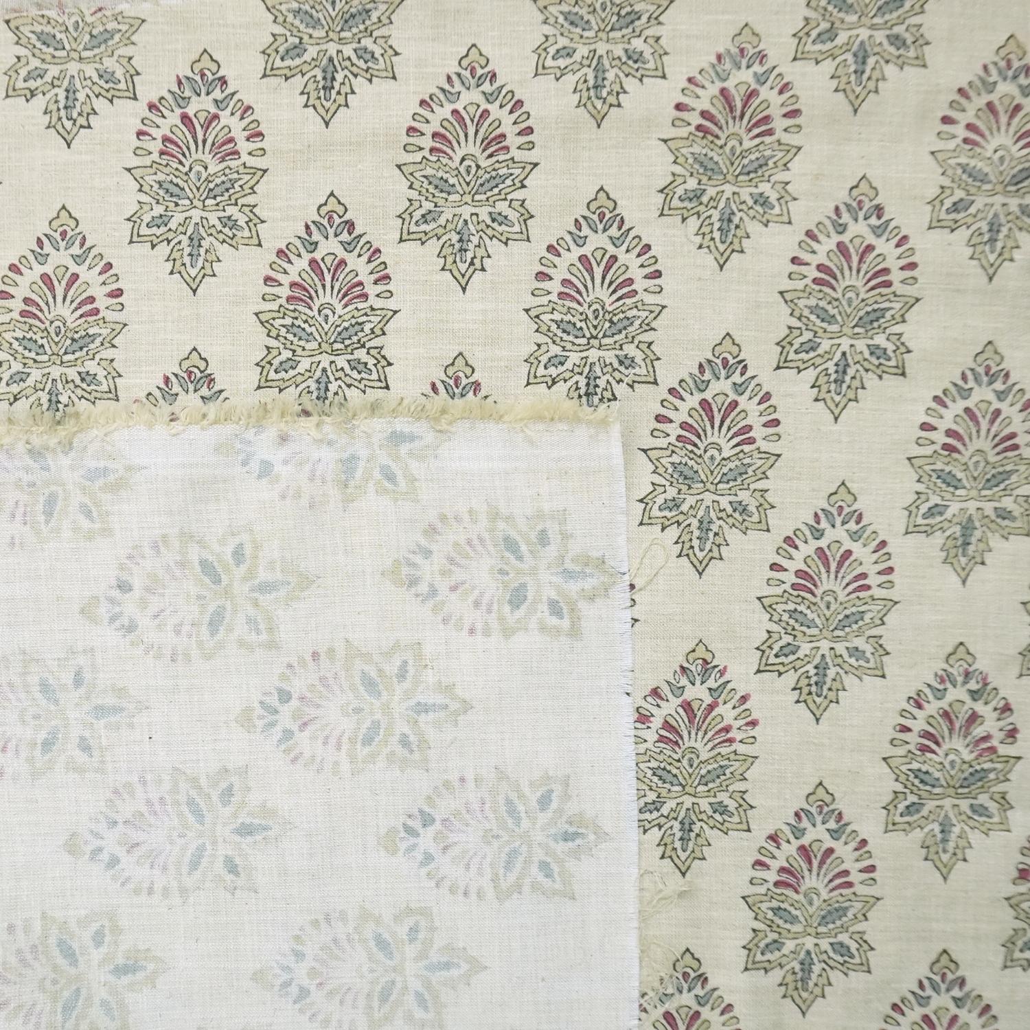 BLOCK PRINTED RED & GREEN FLORAL LINEN BLEND FABRIC FOR COUCH AND SOFA COVER - SAMRAAT