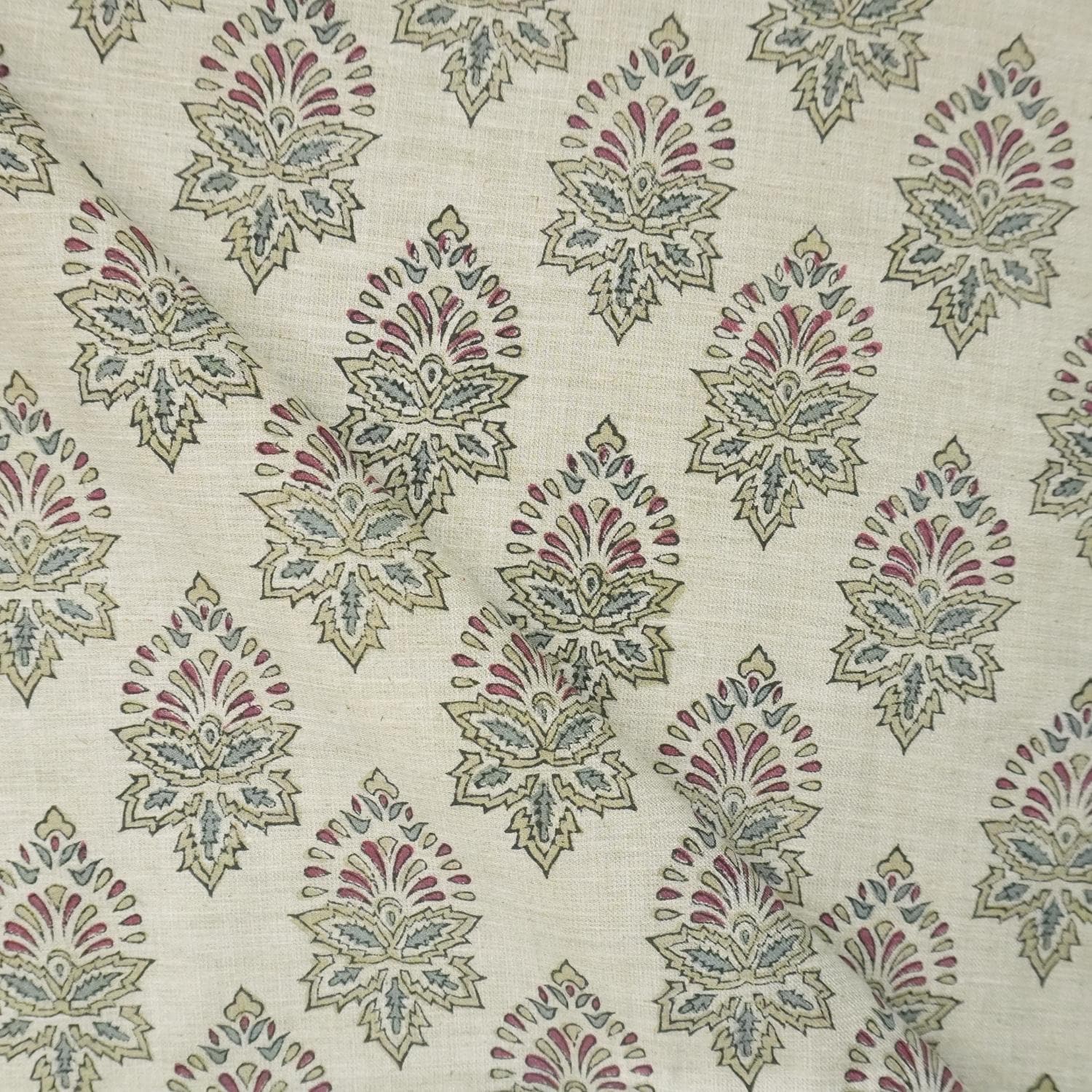 BLOCK PRINTED RED & GREEN FLORAL LINEN BLEND FABRIC FOR COUCH AND SOFA COVER - SAMRAAT
