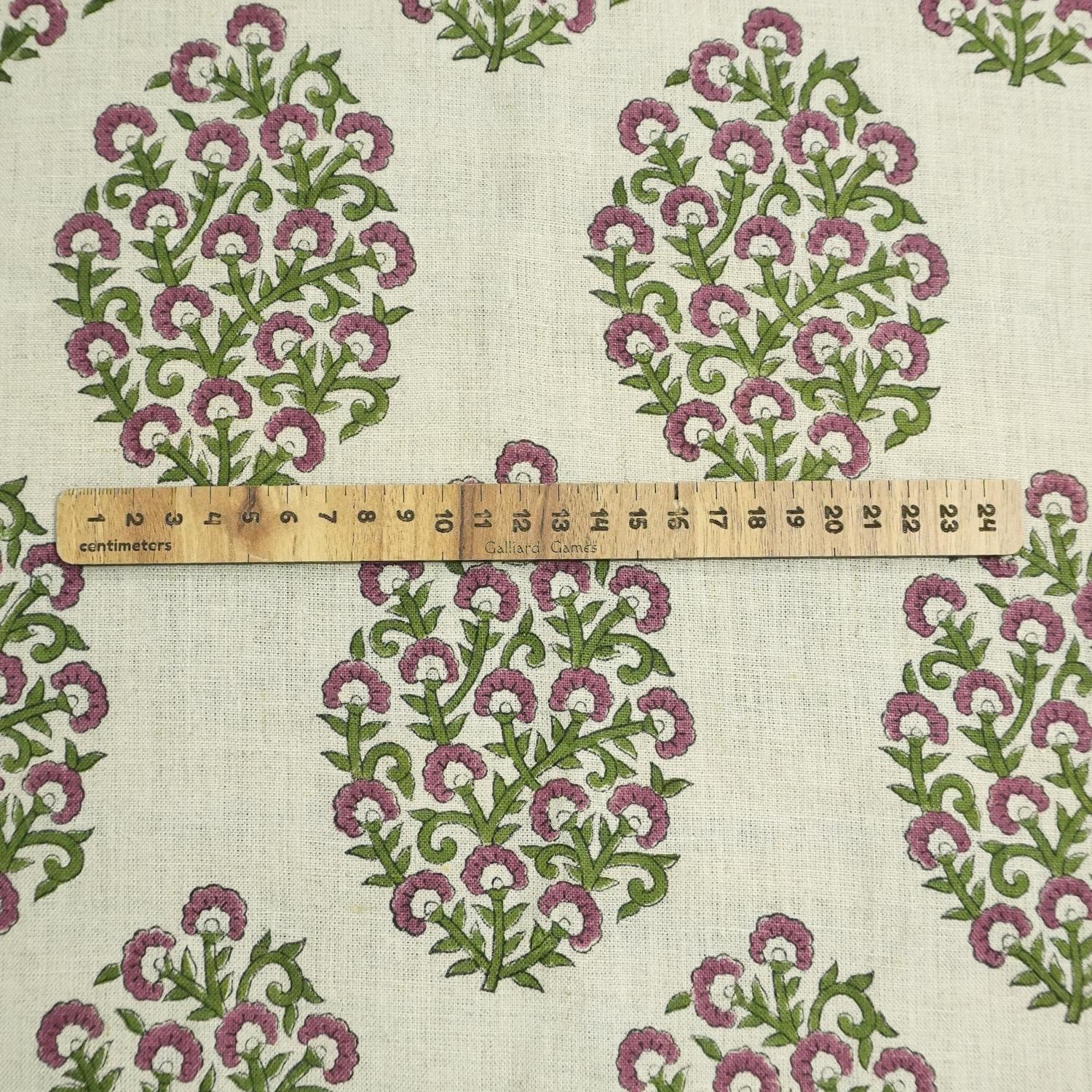 Handmade Pink & Green Floral Printed on Pure Linen Fabric - Gudhal Bloom