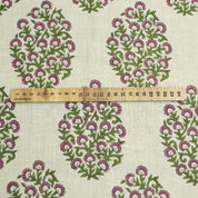 Handmade Pink & Green Floral Printed on Pure Linen Fabric - Gudhal Bloom
