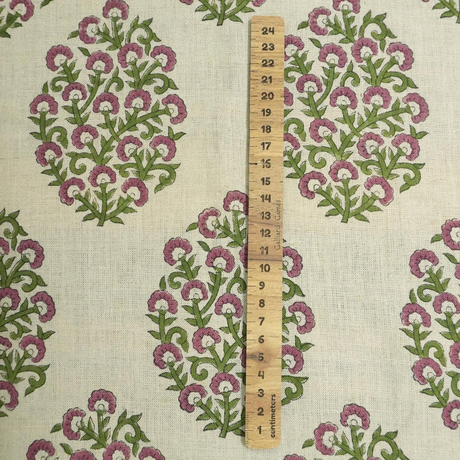 Handmade Pink & Green Floral Printed on Pure Linen Fabric - Gudhal Bloom