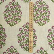 Handmade Pink & Green Floral Printed on Pure Linen Fabric - Gudhal Bloom