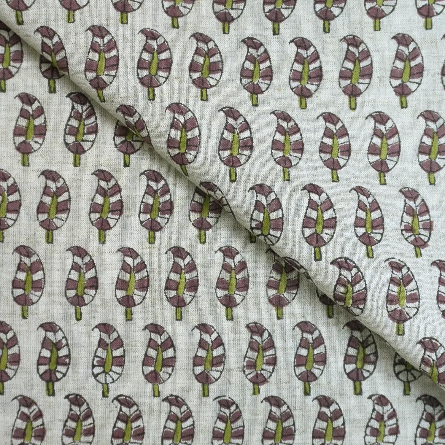 GREEN AND GRAY FLORAL BLOCK PRINTED VISCOSE LINEN FABRIC FOR CUSHION - LIL PAISLEY