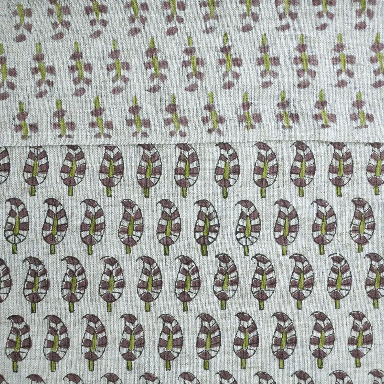 GREEN AND GRAY FLORAL BLOCK PRINTED VISCOSE LINEN FABRIC FOR CUSHION - LIL PAISLEY