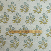 Hand Block Printed Viscose Linen Handmade Green & Gray Floral Bohemian Drapery Fabric - Neha