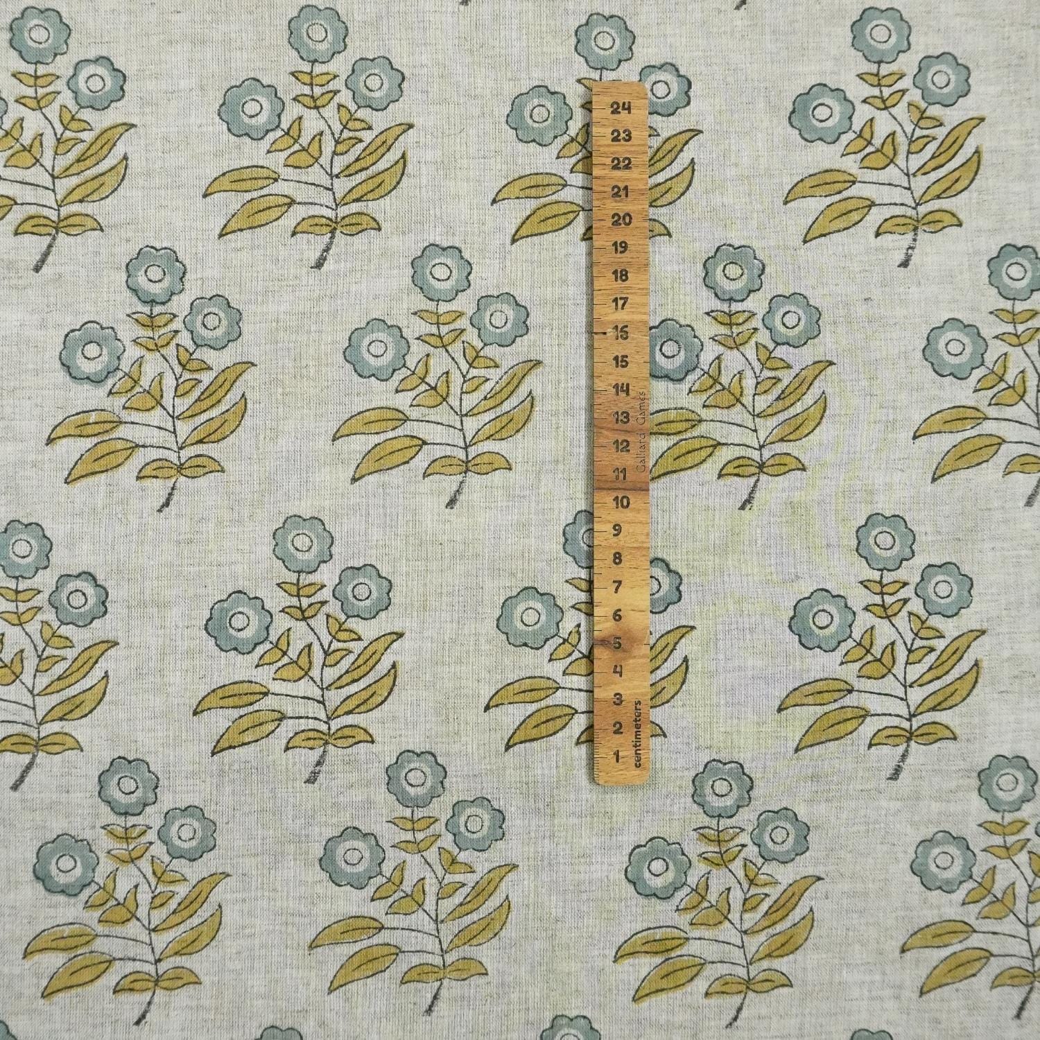 Hand Block Printed Viscose Linen Handmade Green & Gray Floral Bohemian Drapery Fabric - Neha