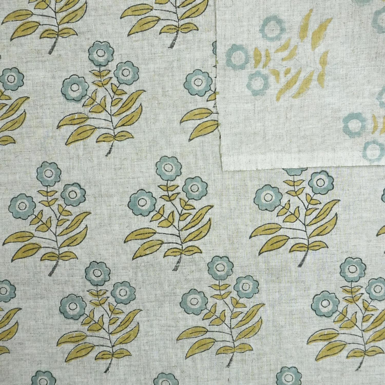 Hand Block Printed Viscose Linen Handmade Green & Gray Floral Bohemian Drapery Fabric - Neha