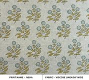 Hand Block Printed Viscose Linen Handmade Green & Gray Floral Bohemian Drapery Fabric - Neha