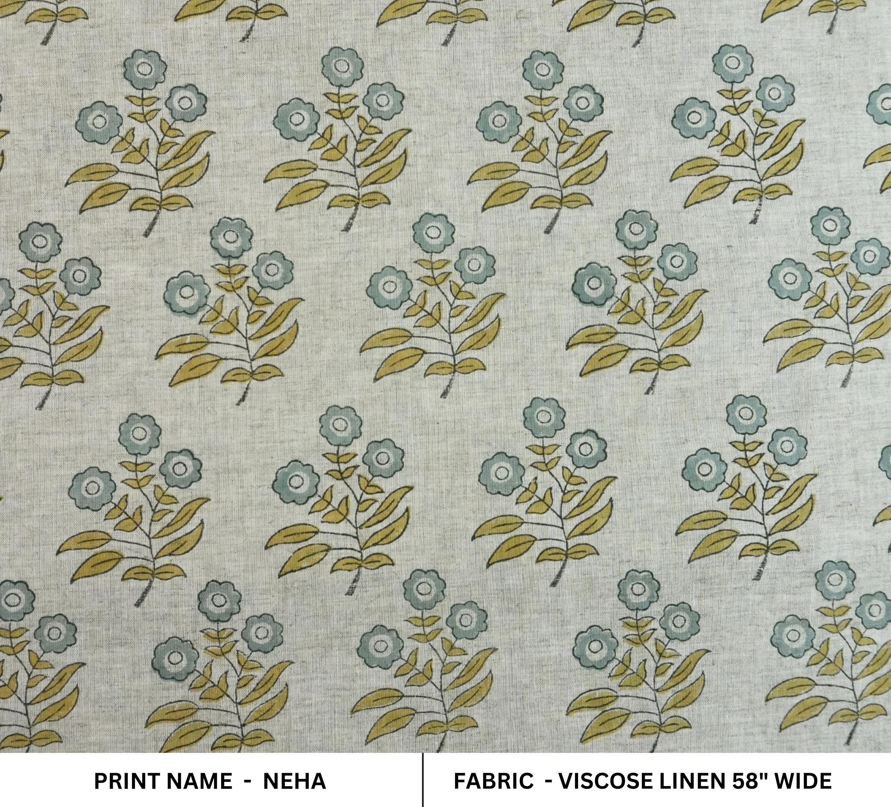 Hand Block Printed Viscose Linen Handmade Green & Gray Floral Bohemian Drapery Fabric - Neha