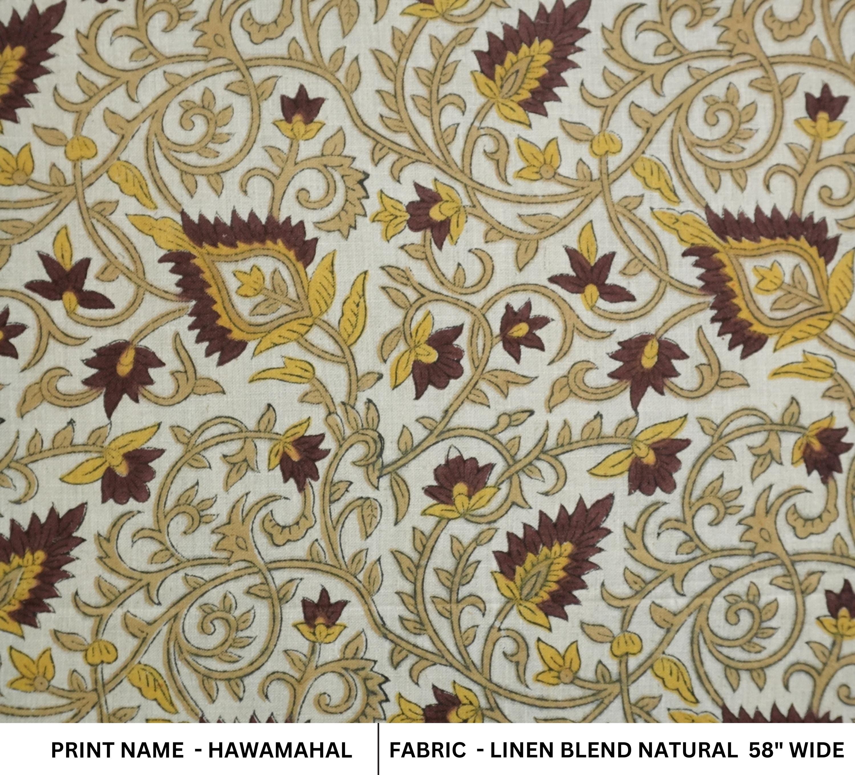 HANDMADE BLOCK PRINTED LINEN BLEND NATURAL DECORATIVE FABRIC CURTAIN AND UPHOLSTERY - HAWAMAHAL