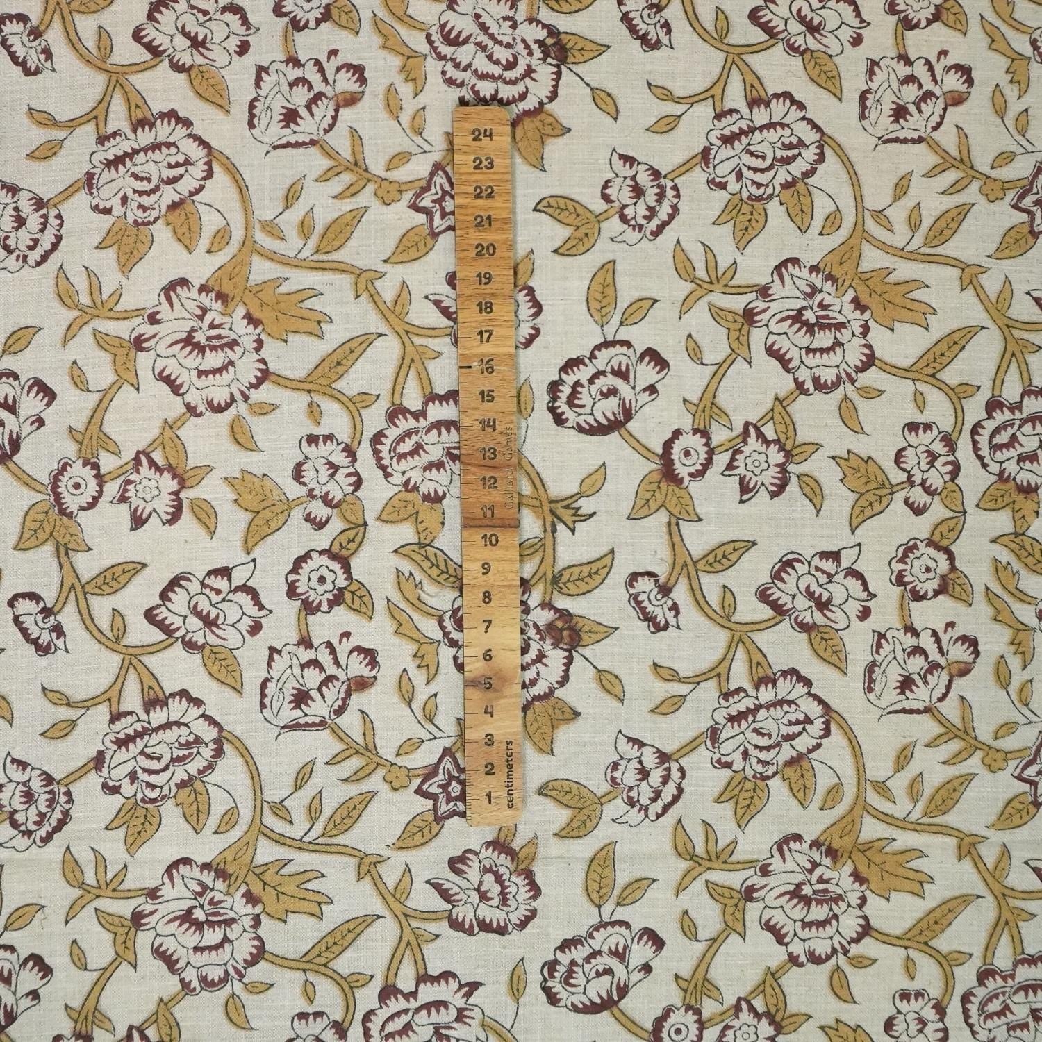 LINEN BLOCK PRINT FABRIC, LINEN BLEND NATURAL, HANDMADE INDIAN ART, PRINTED LINEN - MRIGNAYANI