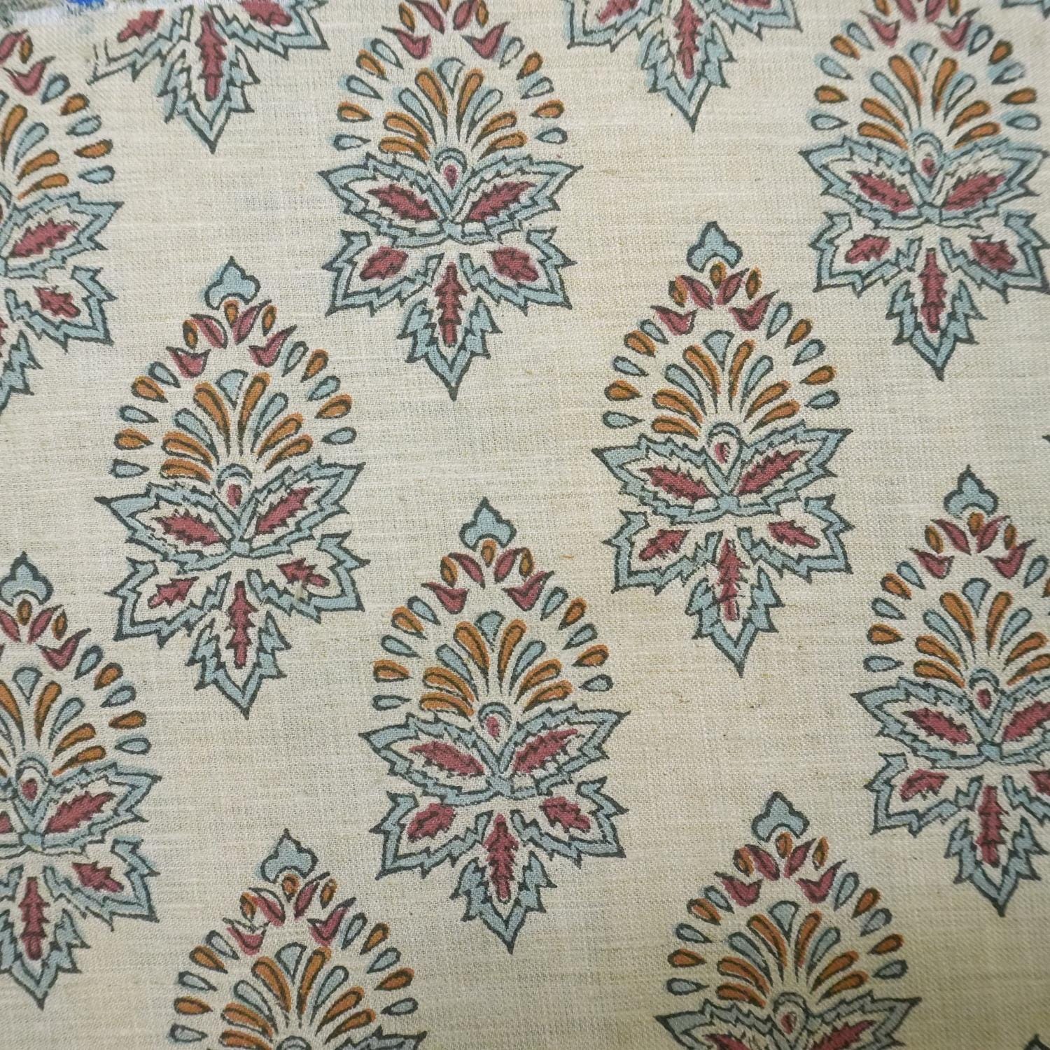 HANDMADE BLOCK PRINTED FLORAL LINEN BLEND NATURALFABRIC FOR CURTAIN AND UPHOLSTERY BOHO DECOR - SAMRAAT