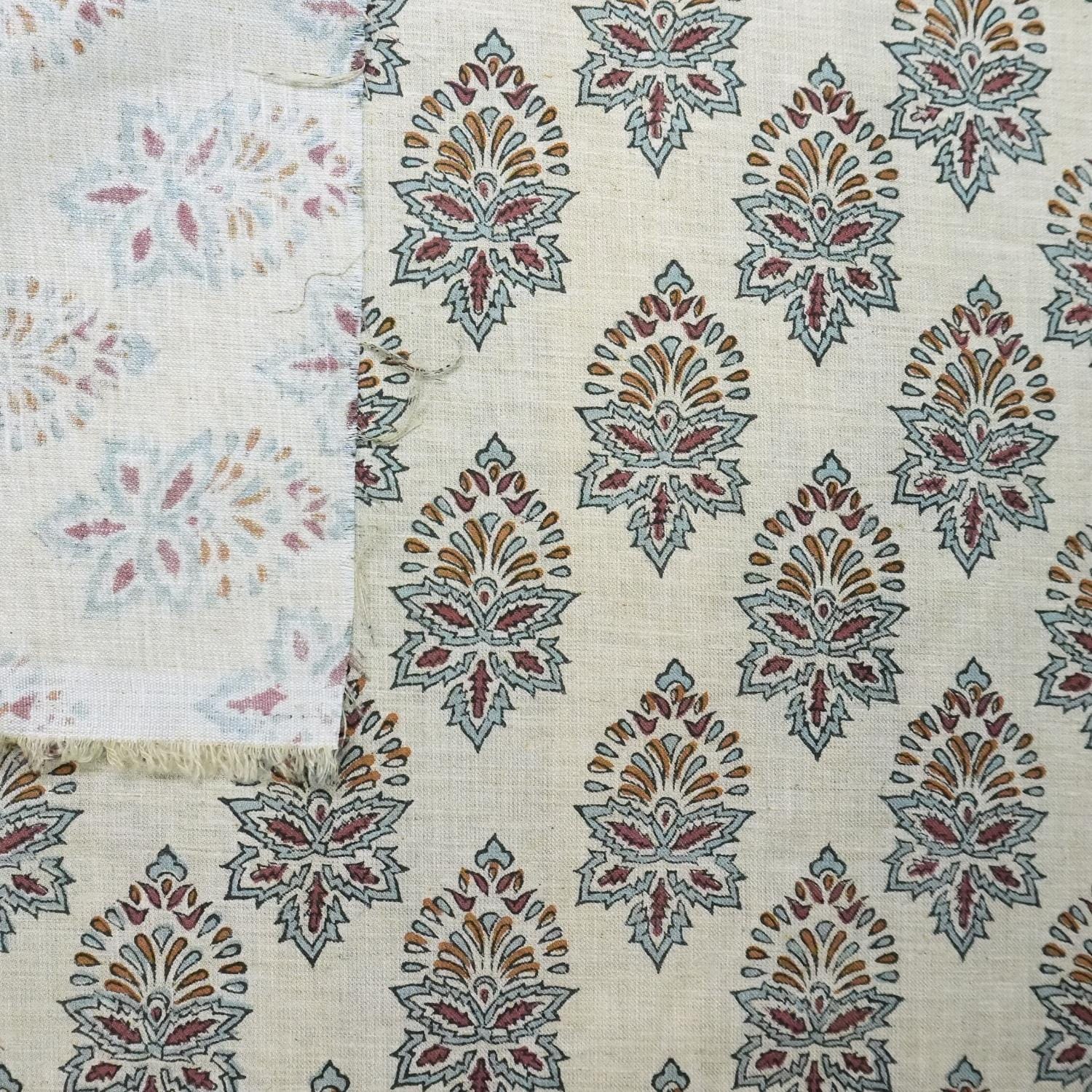 HANDMADE BLOCK PRINTED FLORAL LINEN BLEND NATURALFABRIC FOR CURTAIN AND UPHOLSTERY BOHO DECOR - SAMRAAT