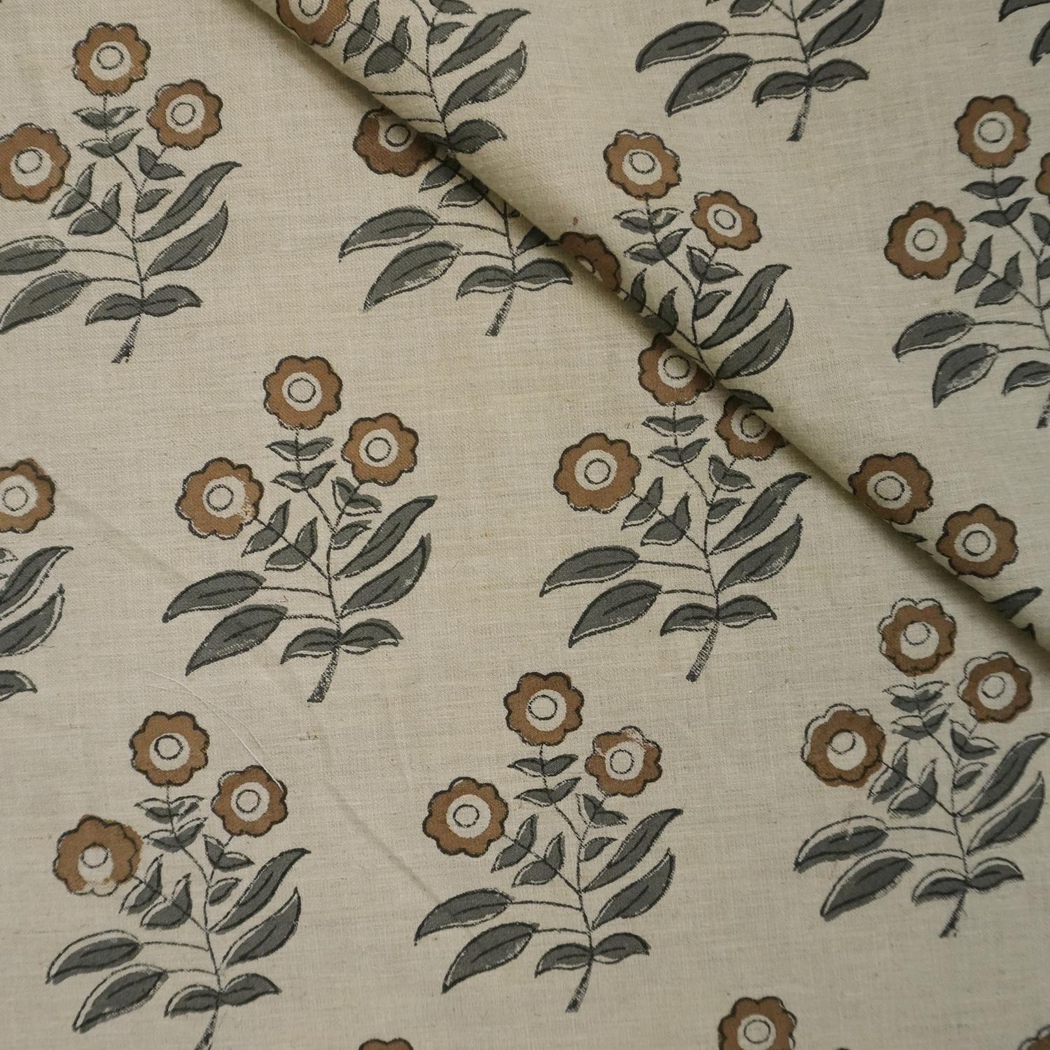 Block Printed Gray & Brown Floral Print on Linen Blend Fabric - Neha Serenity
