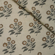 Block Printed Gray & Brown Floral Print on Linen Blend Fabric - Neha Serenity