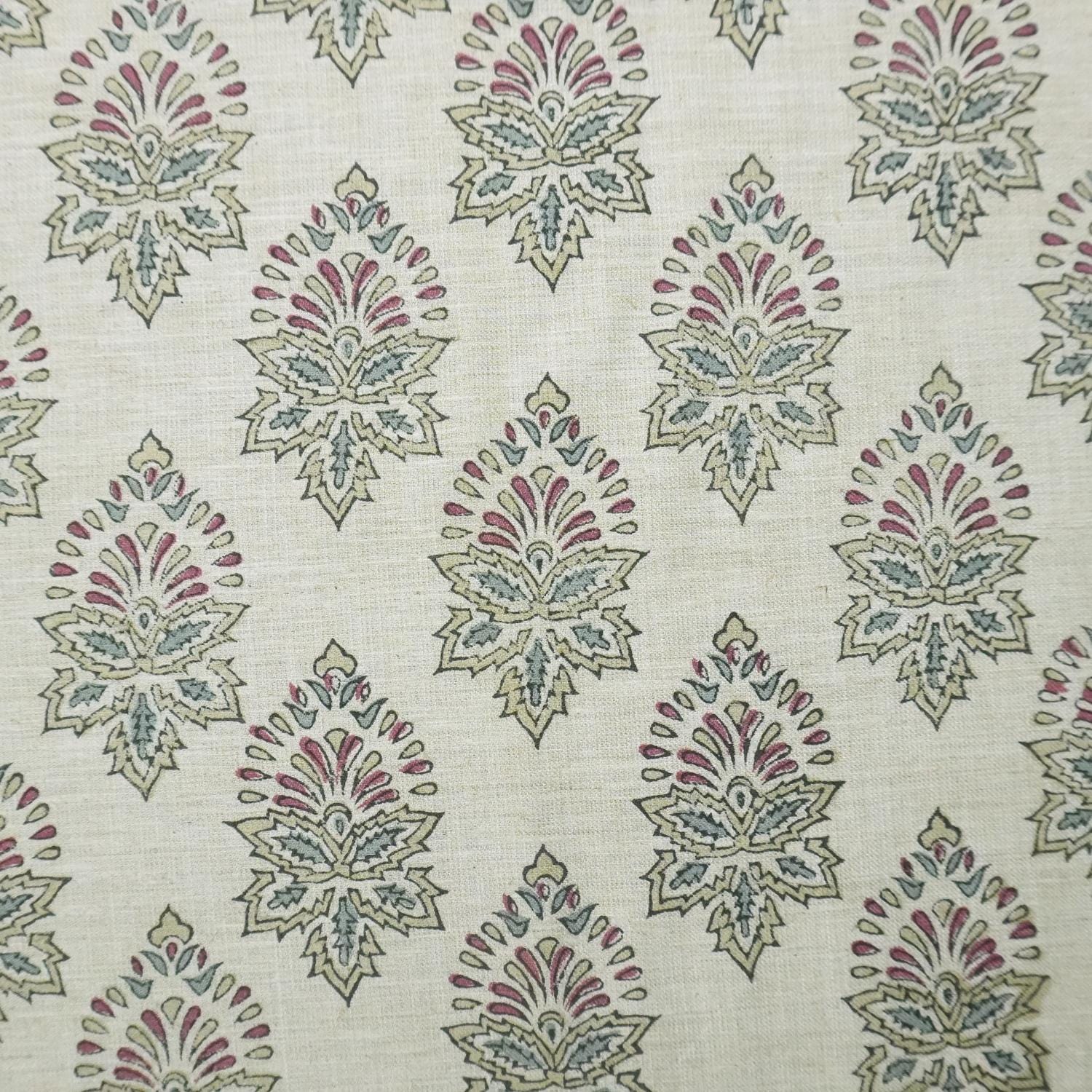 BLOCK PRINTED RED & GREEN FLORAL LINEN BLEND FABRIC FOR COUCH AND SOFA COVER - SAMRAAT