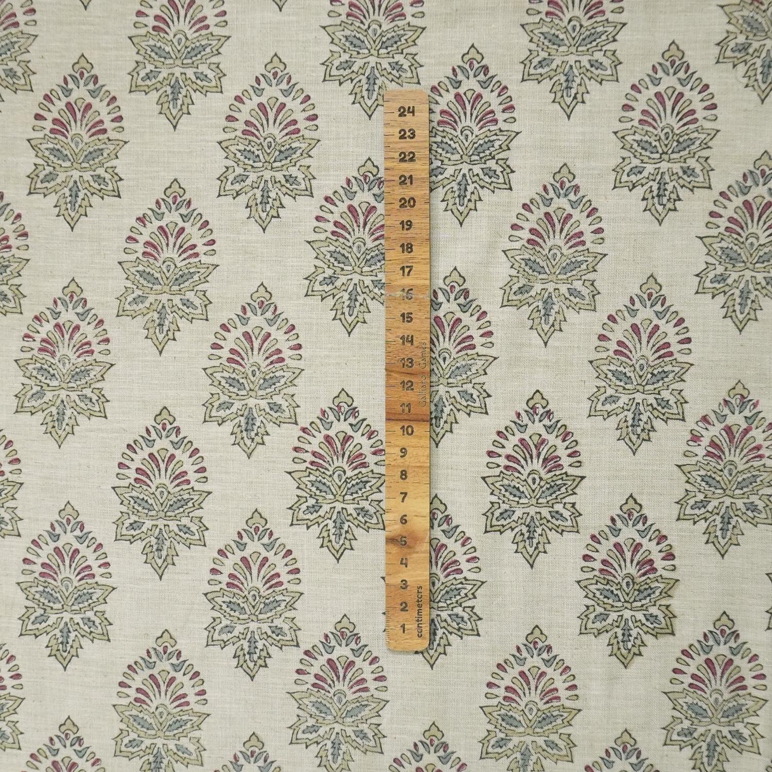 BLOCK PRINTED RED & GREEN FLORAL LINEN BLEND FABRIC FOR COUCH AND SOFA COVER - SAMRAAT