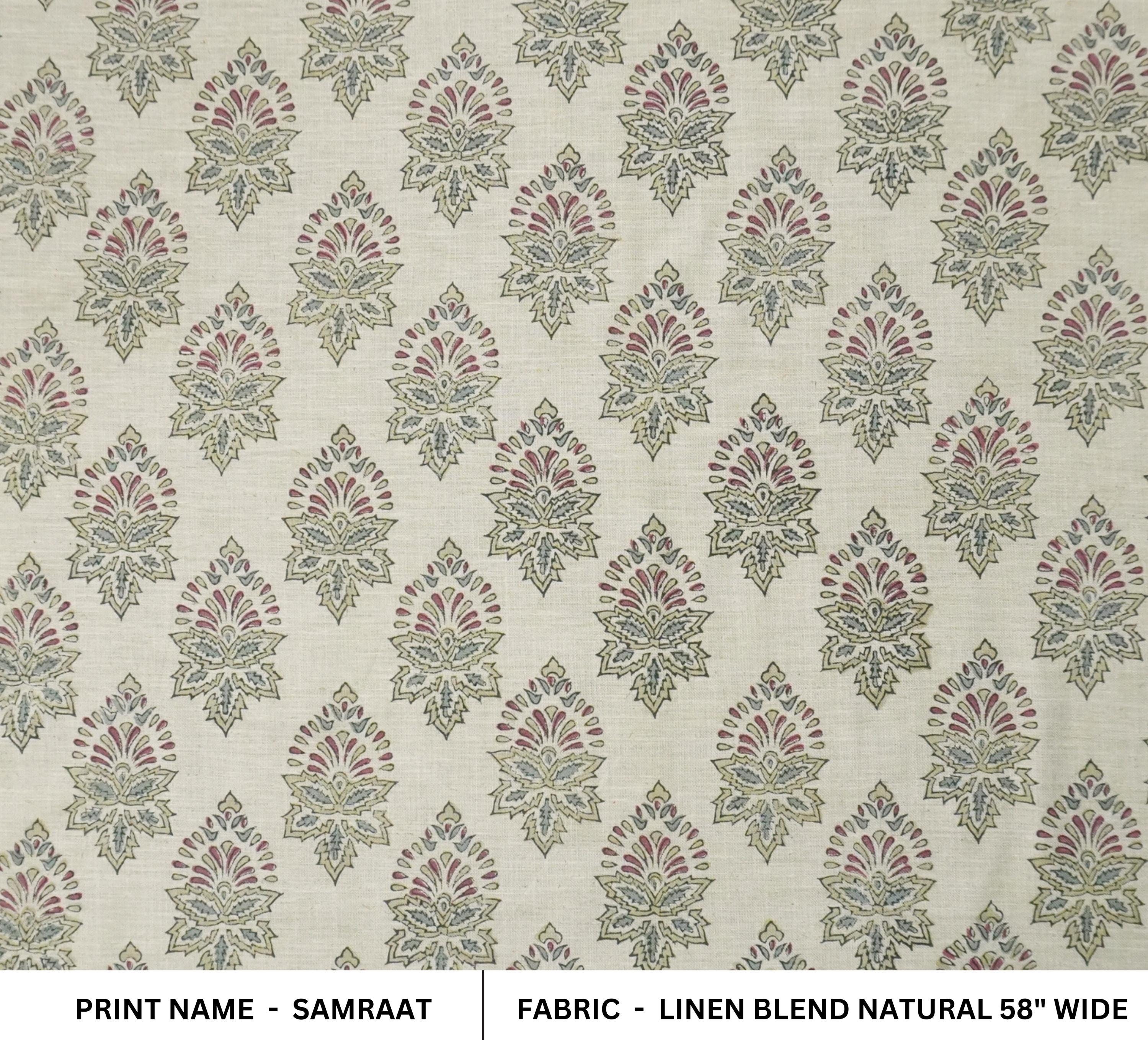 BLOCK PRINTED RED & GREEN FLORAL LINEN BLEND FABRIC FOR COUCH AND SOFA COVER - SAMRAAT